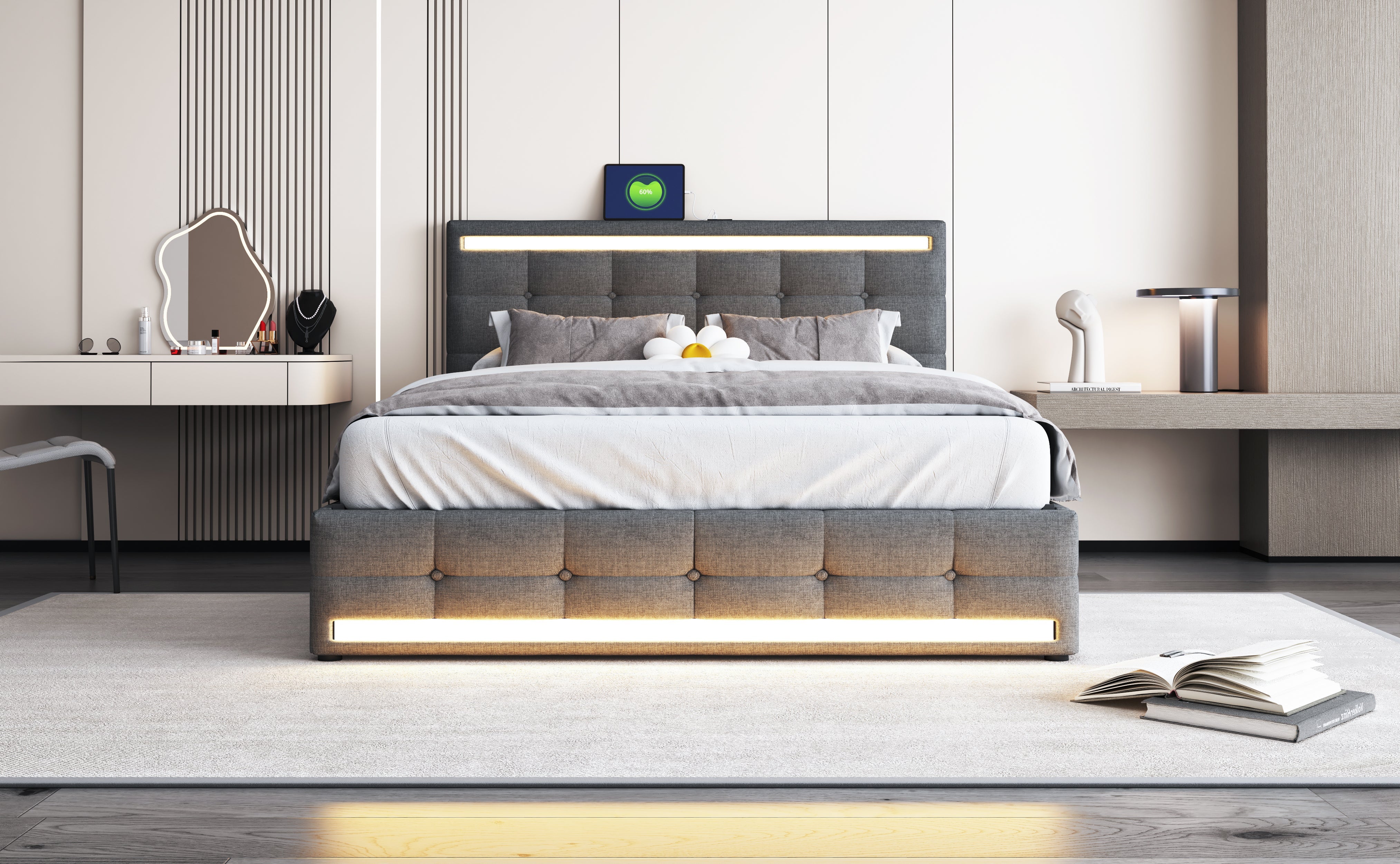 Logidon gestoffeerd bed 140x200 cm grijs LED opbergruimte USB 4 lades