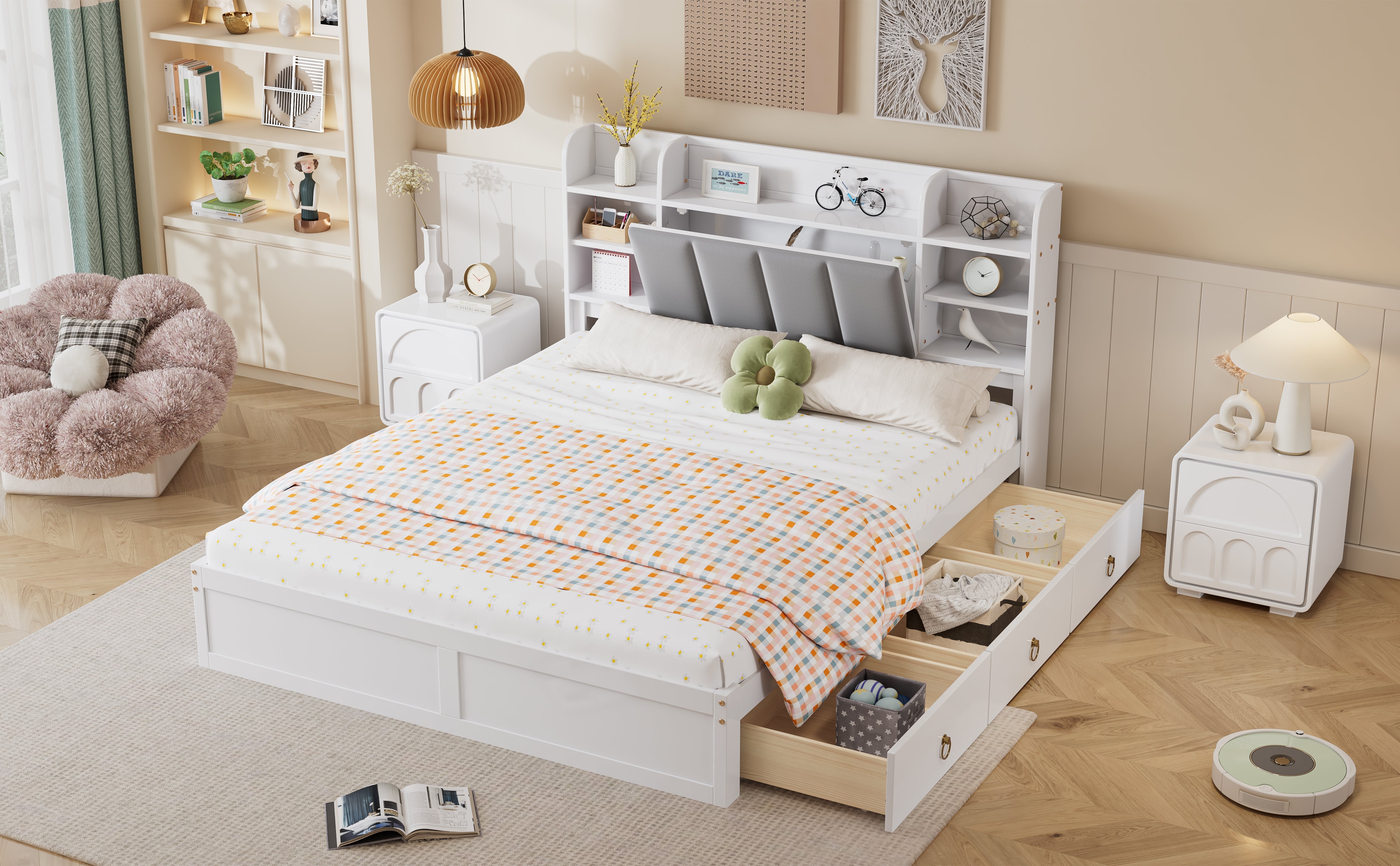 Logidon tweepersoonsbed 160x200 witgrijs, open plank en drie lades