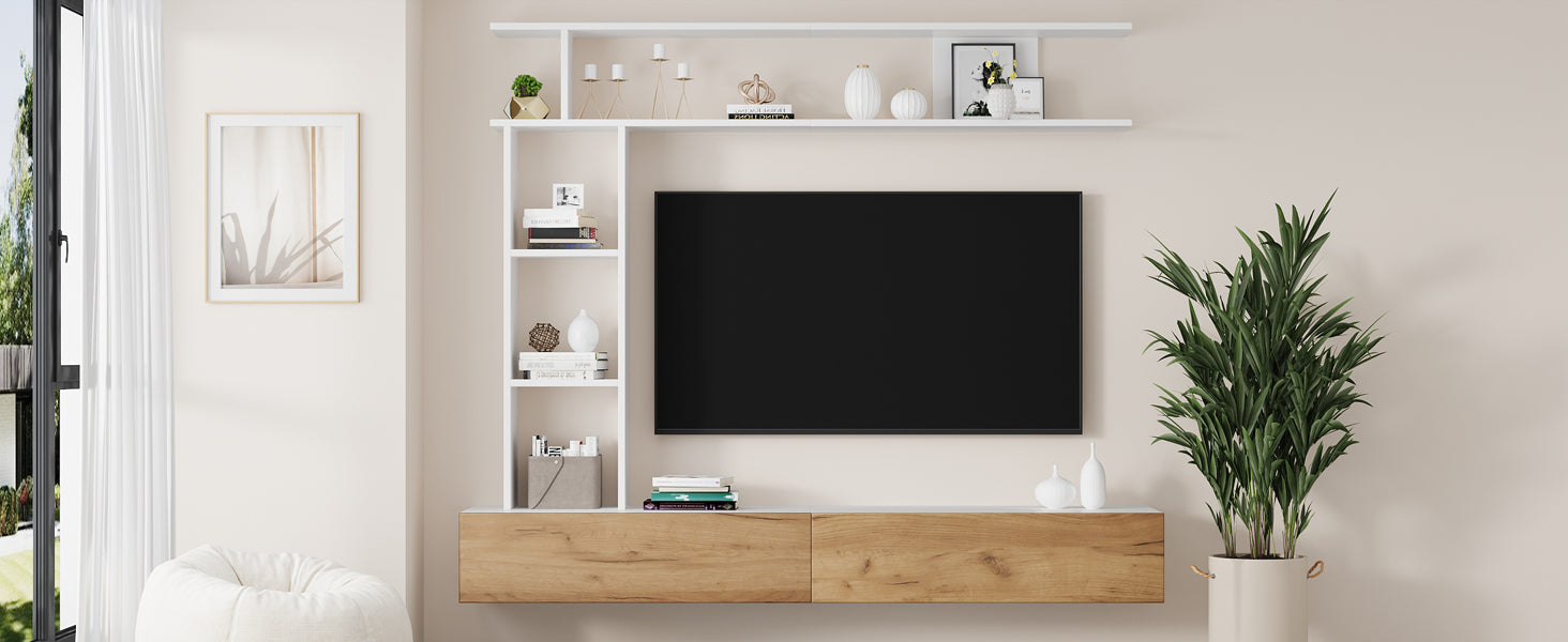 Logidon TV wandmeubel 180 cm wit houtlook met vitrinekasten