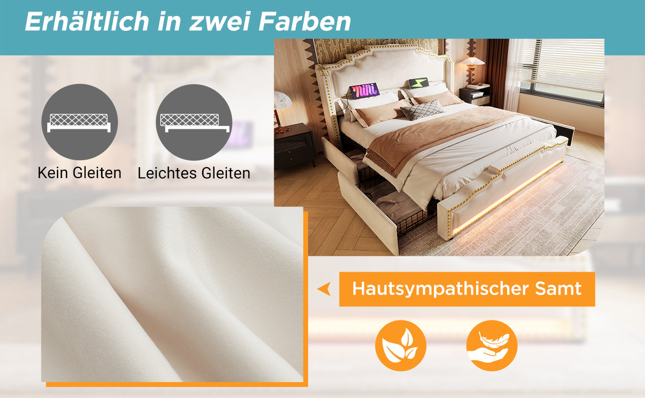 Logidon gestoffeerd bed 160x200 beige fluweel met 4 lades LED USB C