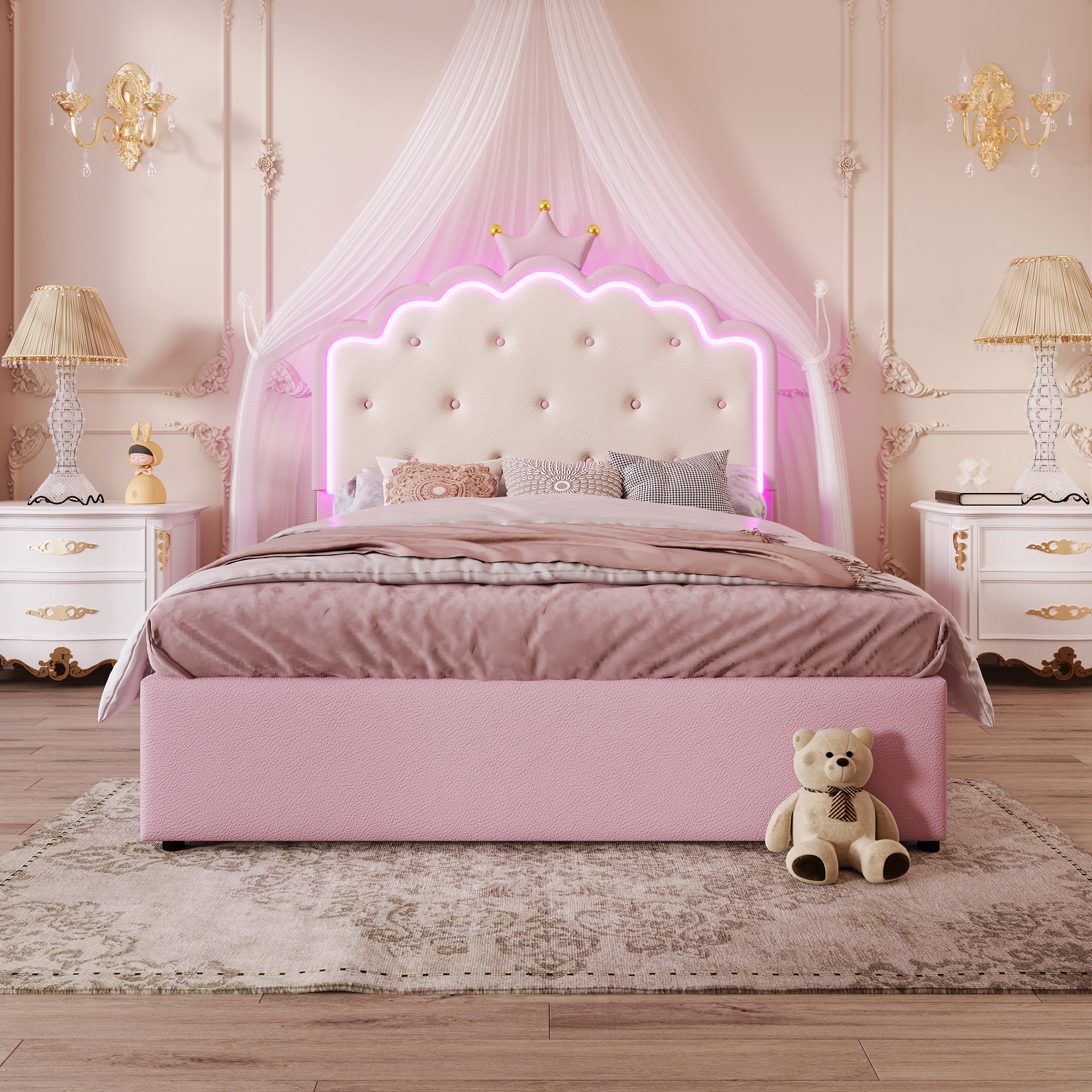 Logidon gestoffeerd bed 140x200 roze met lattenbodem LED-verlichting