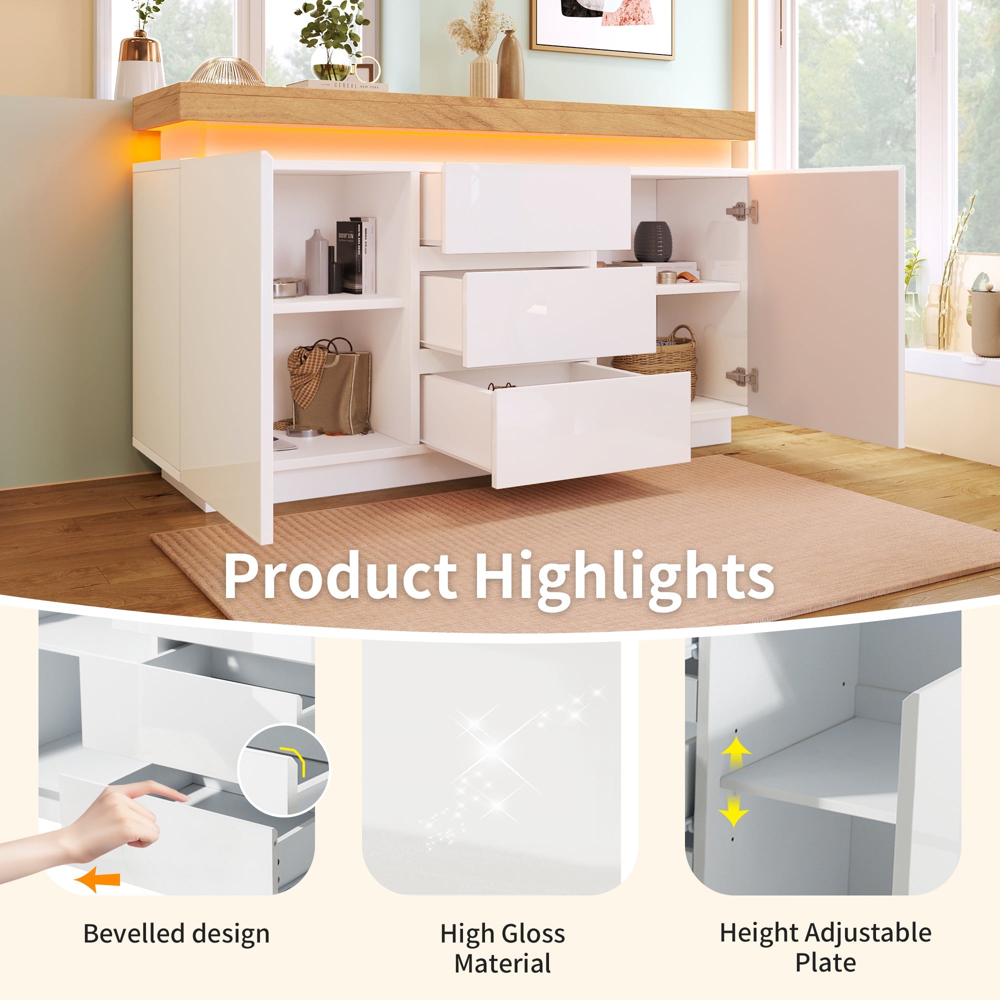 Logidon Wit Dressoir Met LED Verlichting 2 Deurs 3 Lades