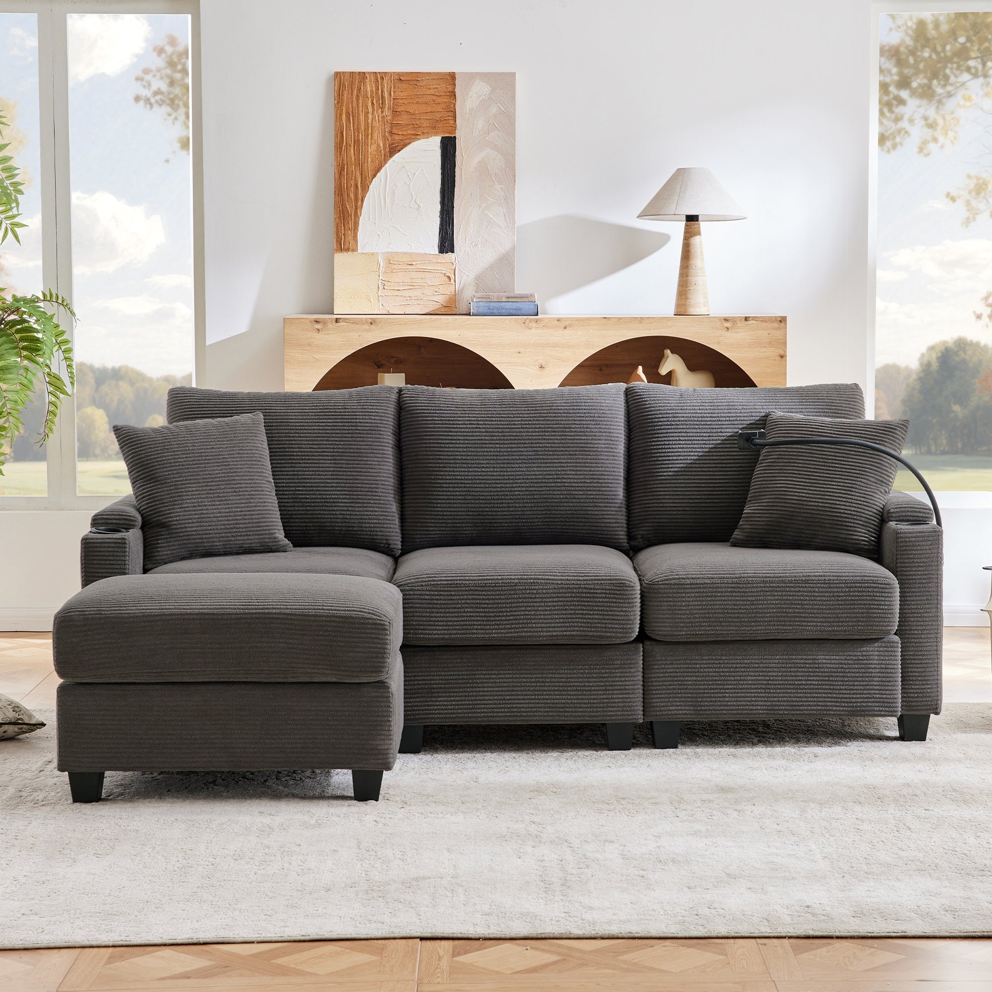 Logidon L-vorm Hoekbank Donkergrijs Corduroy Met USB-oplader