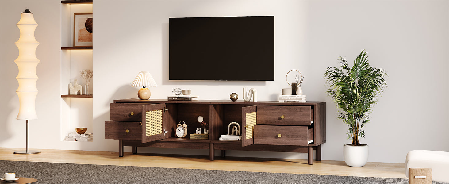 Logidon TV cabinet 180 cm dark wood look rattan doors cable management