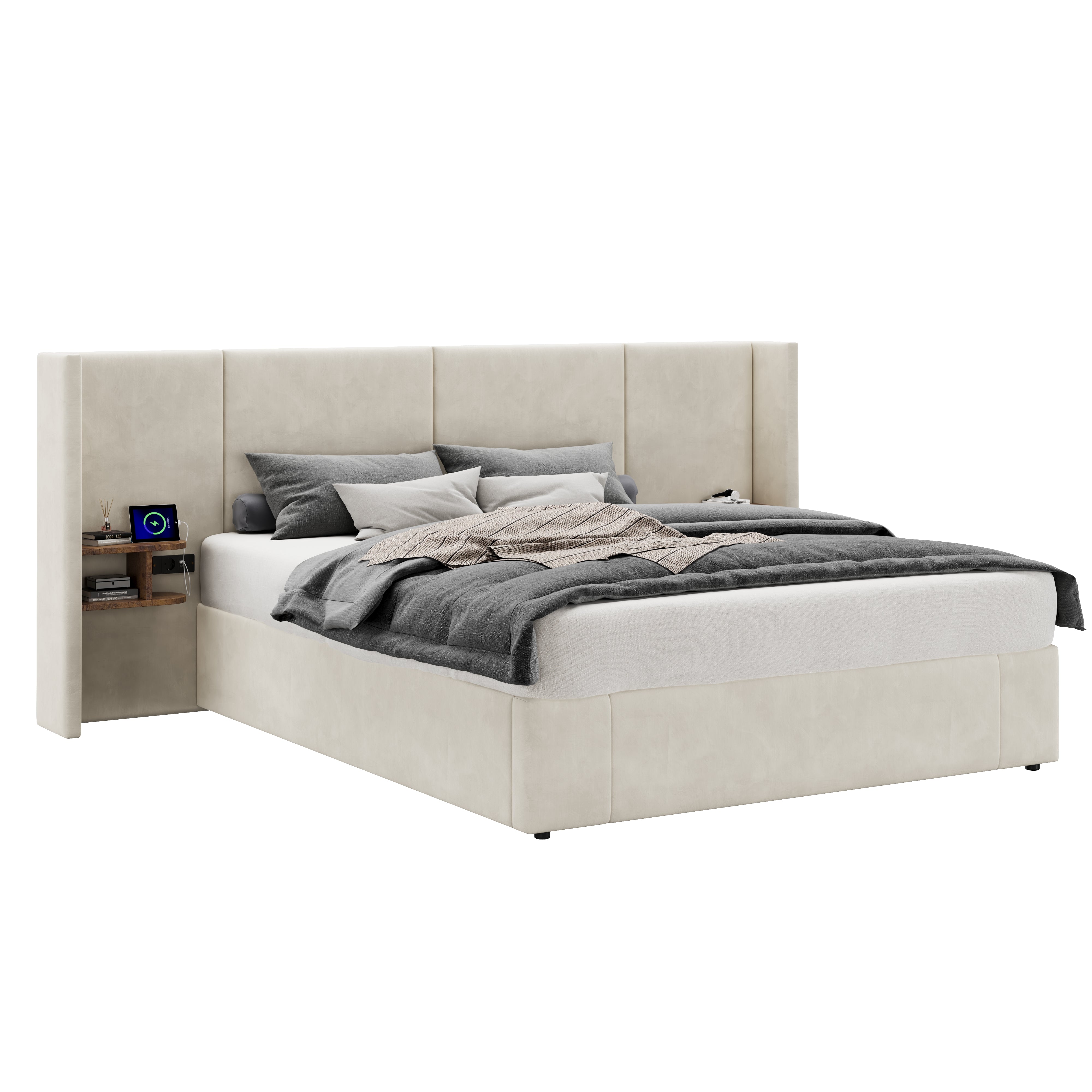 Logidon gestoffeerd bed 160x200 beige fluweel met USB-aansluitingen opbergruimte