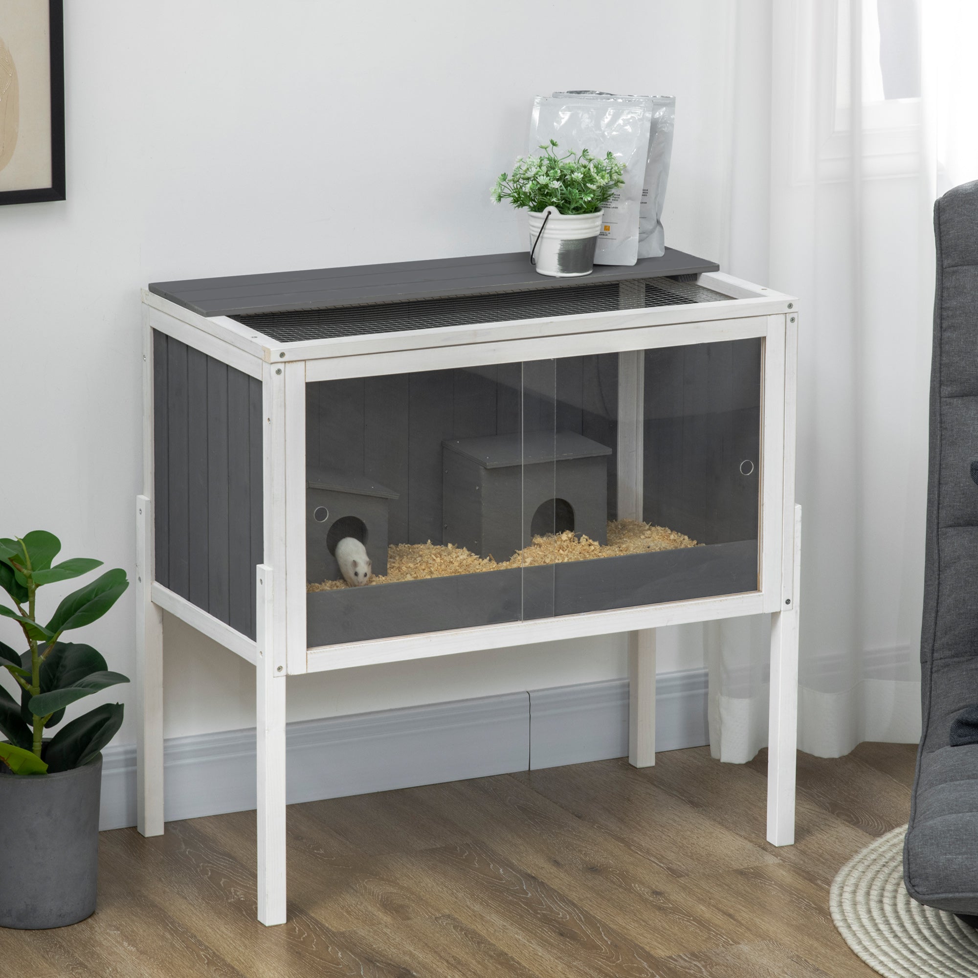Logidon Houten Hamsterkooi 82x45x81 cm Grijs 2 Hutten