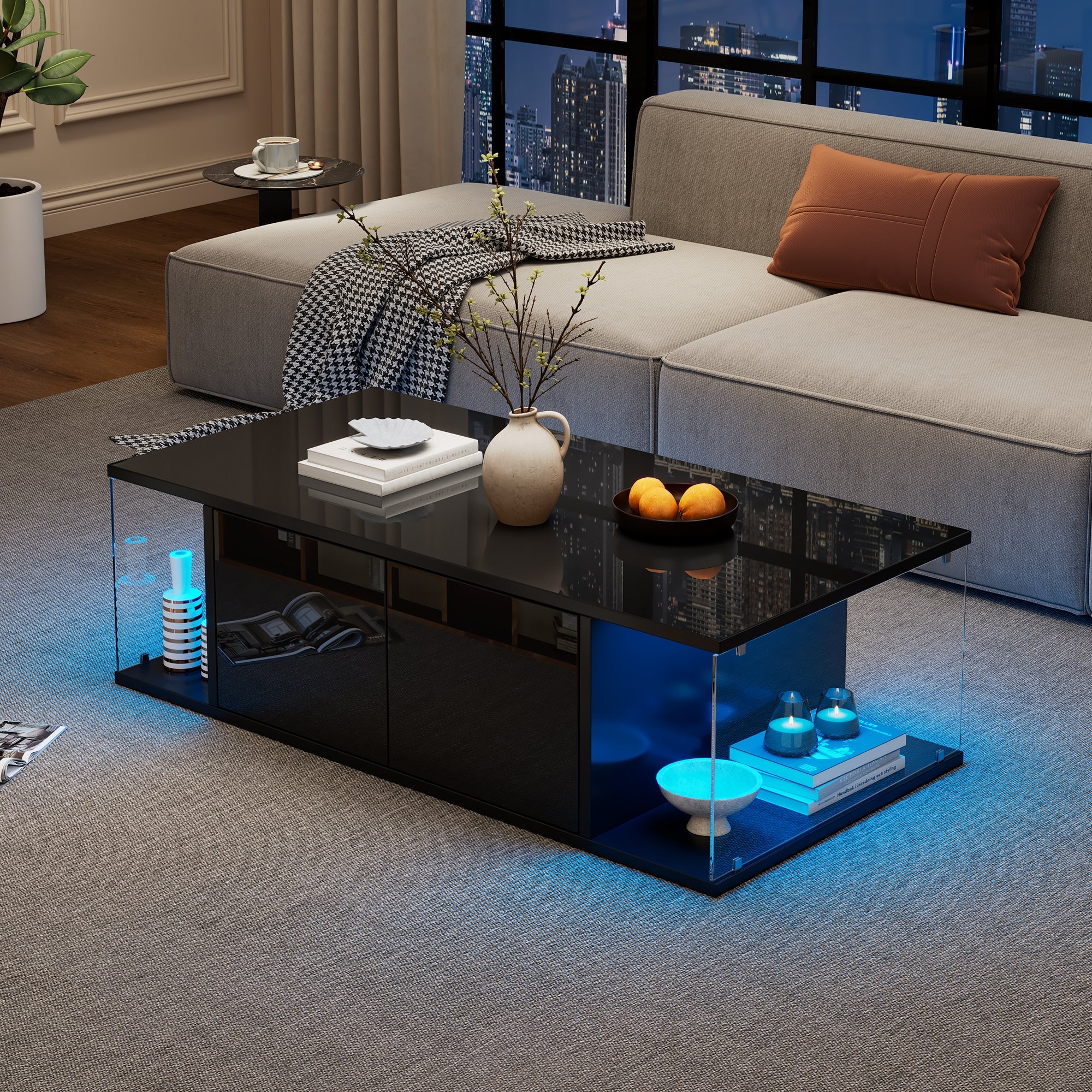 Logidon salontafel 100x50x30 cm zwart hoogglans LED 2 kasten