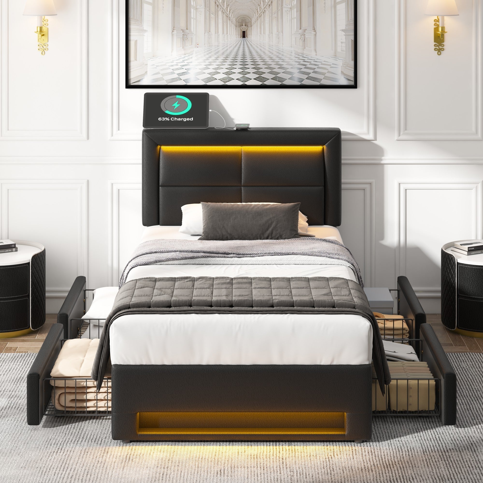 Logidon gestoffeerd bed 90x190 cm zwart met USB LED en vier lades