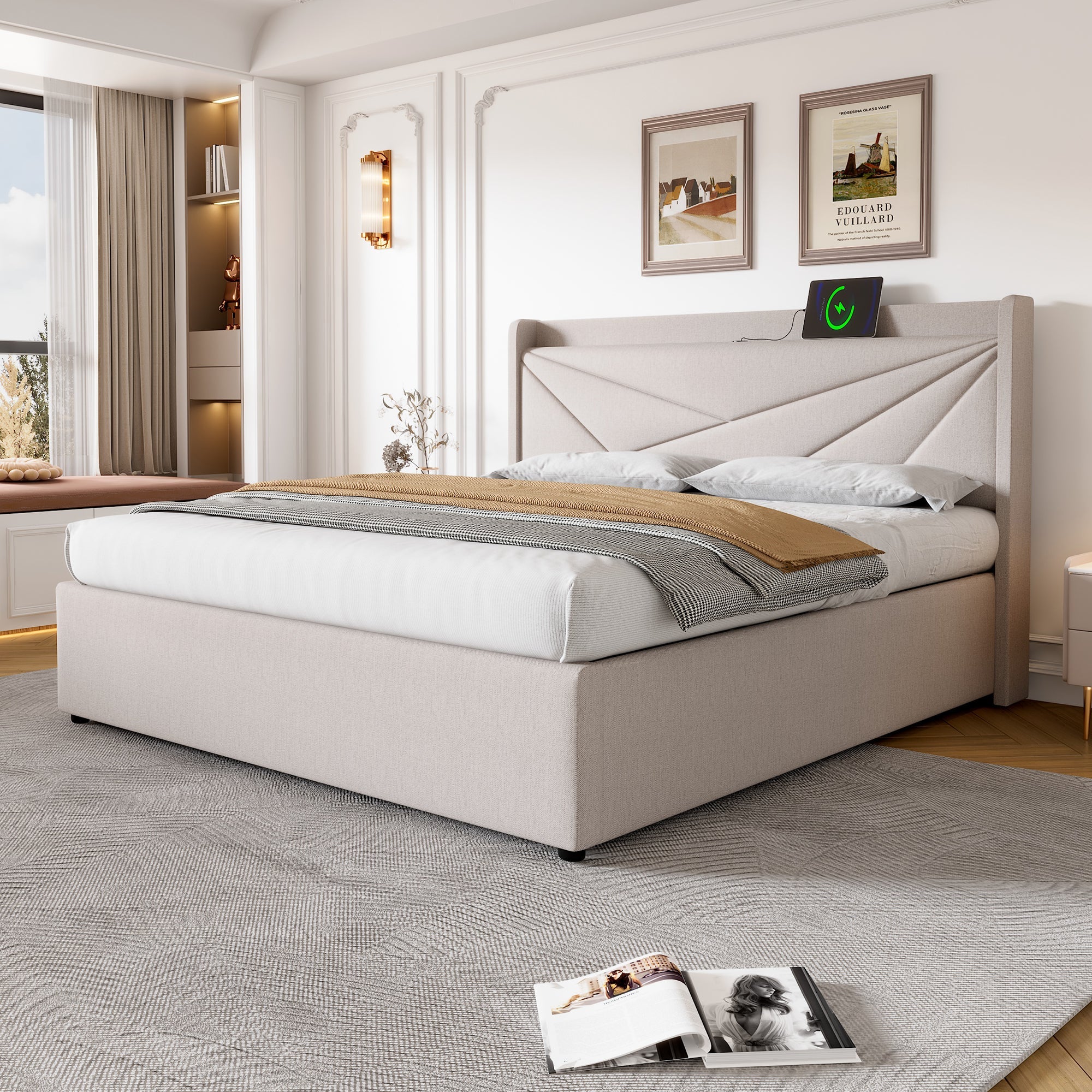 Logidon gestoffeerd bed 160x200 beige met USB Type C oplaadfunctie opbergruimte