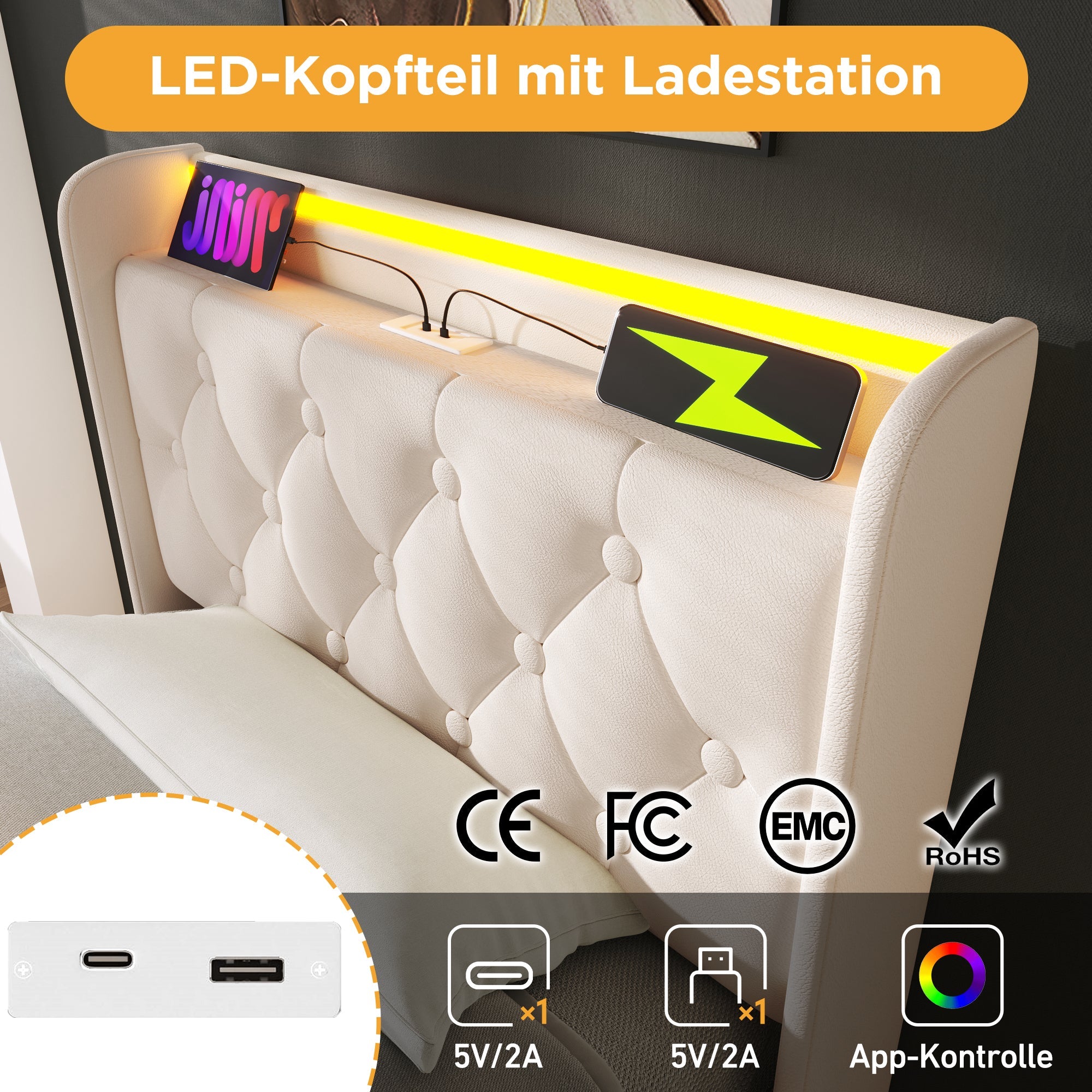 Logidon gestoffeerd bed eenpersoons 90x200 cm wit PU 360 SurroundLED USB C oplaadfunctie