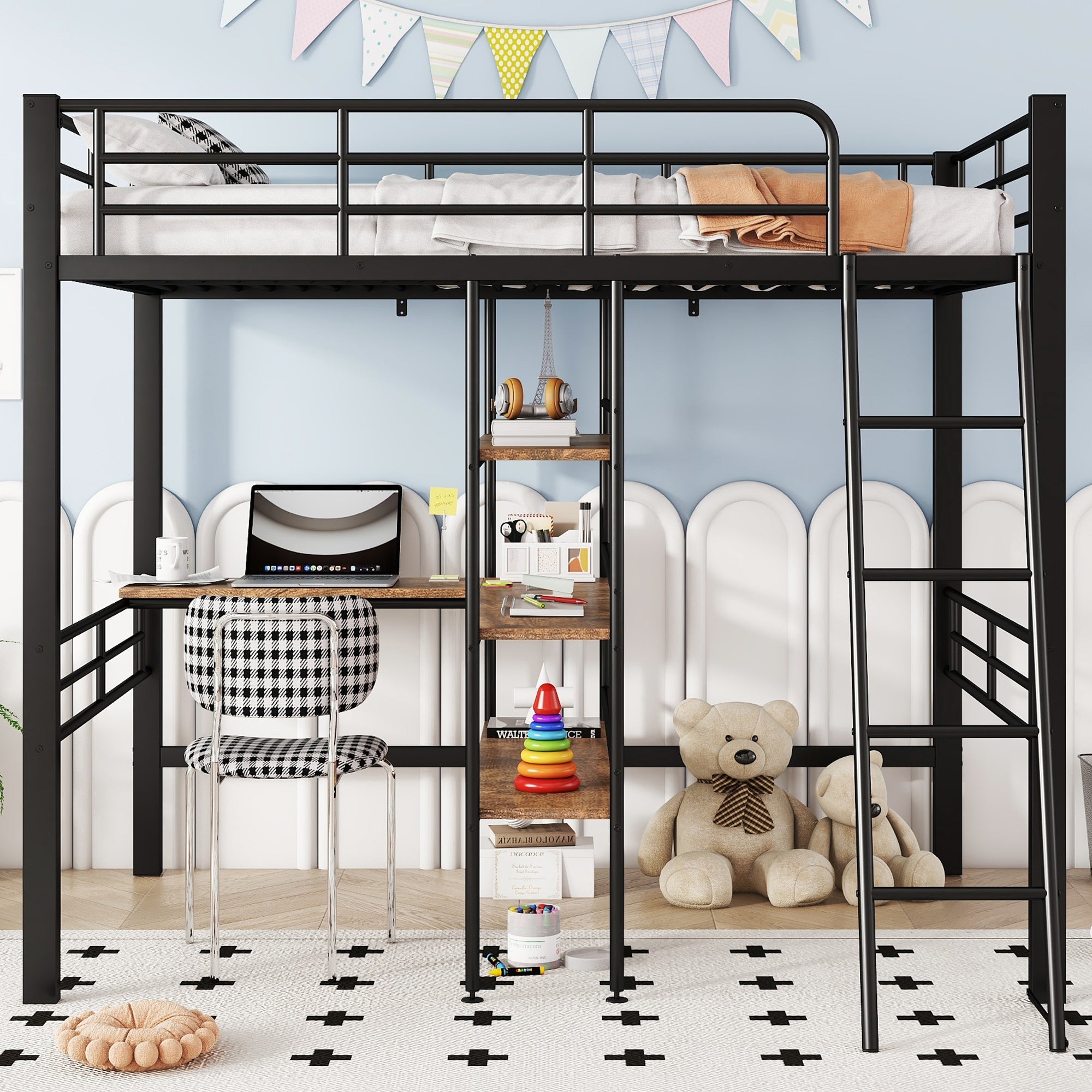 Logidon hoogslaper 90x200 cm met bureau, metalen frame zwart
