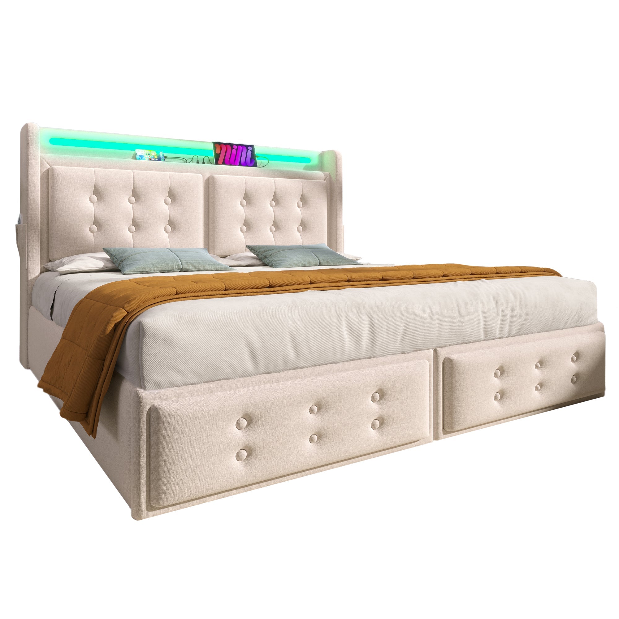 Logidon gestoffeerd bed 160x200 beige LED hoofdbord USB C oplaadfunctie 4 lades