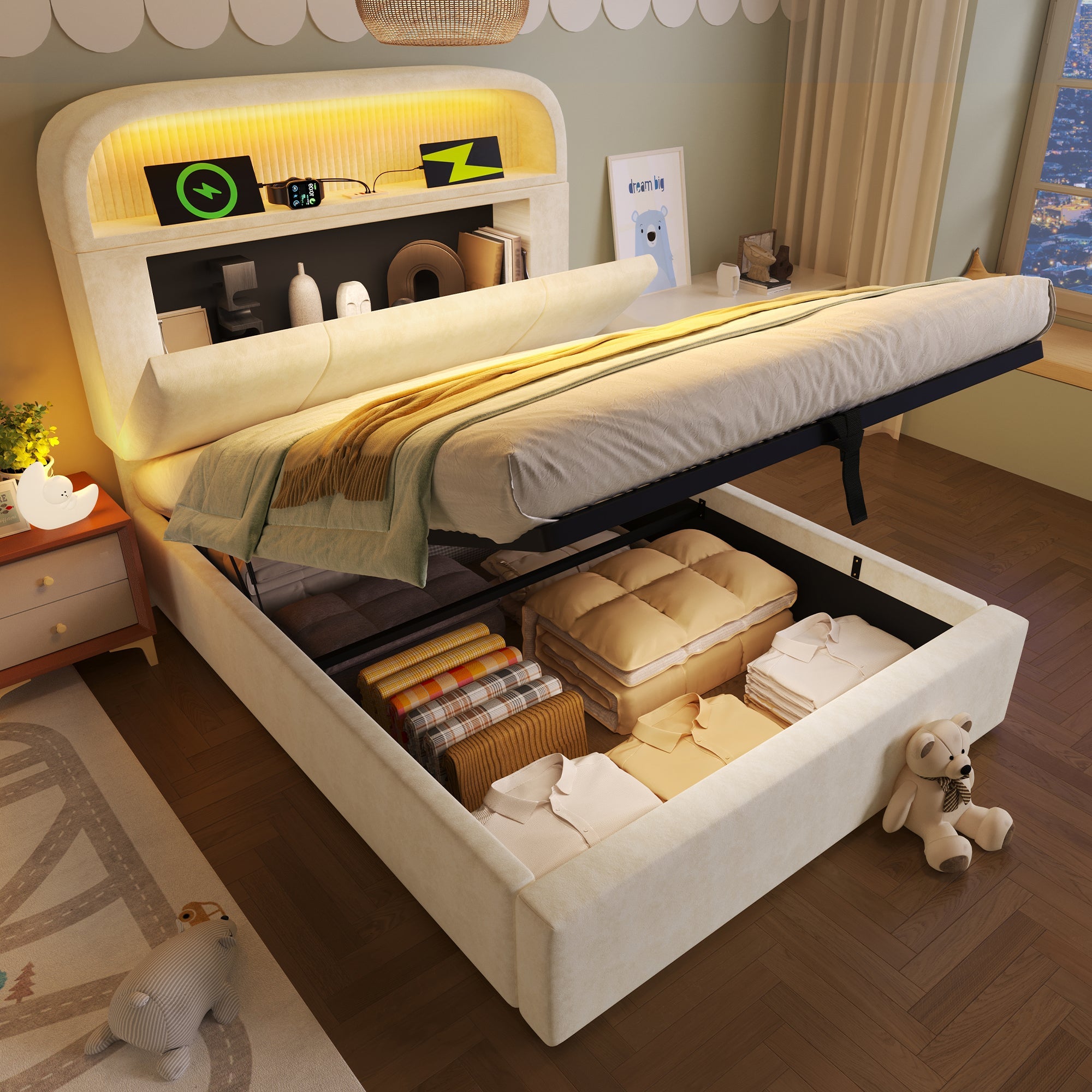 Logidon gestoffeerd bed 90x200 cm beige fluweel met opbergruimte hoofdbord, LED
