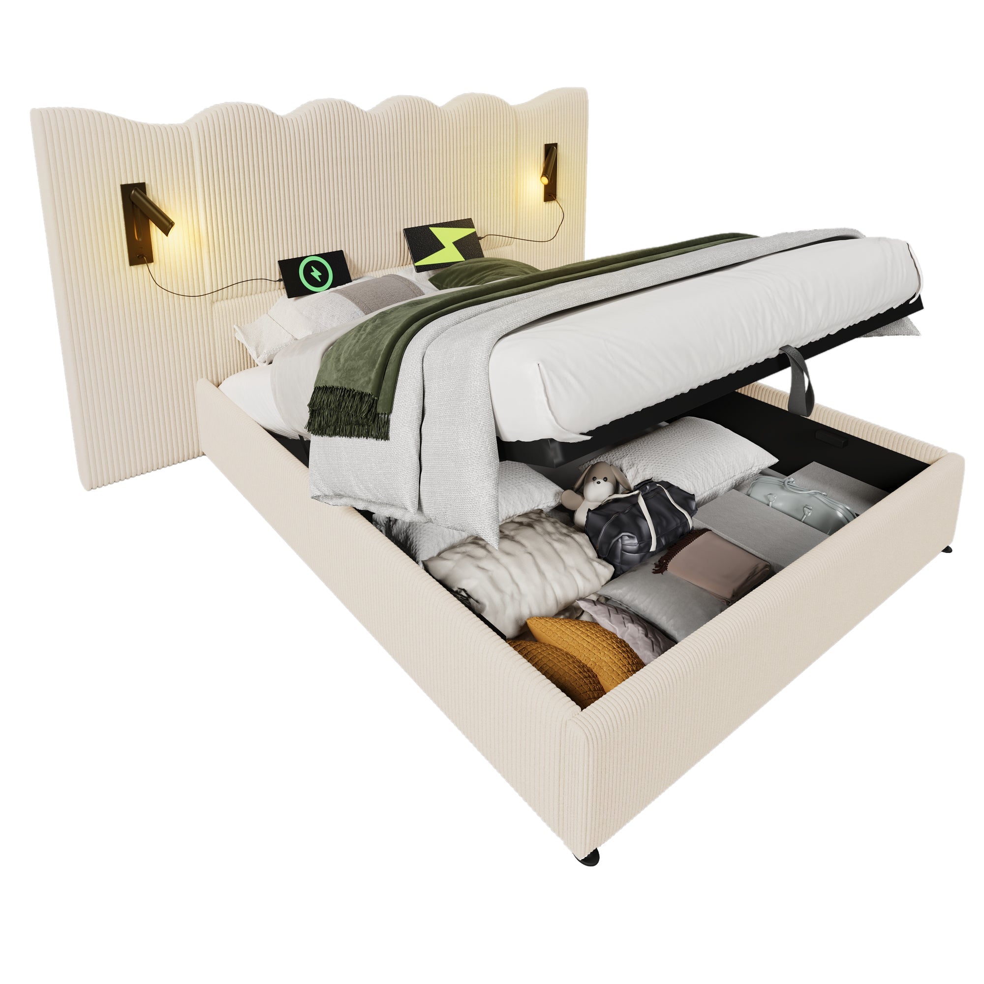 Logidon gestoffeerd bed beige-wit 160x200 met leeslamp USB-C oplaadfunctie