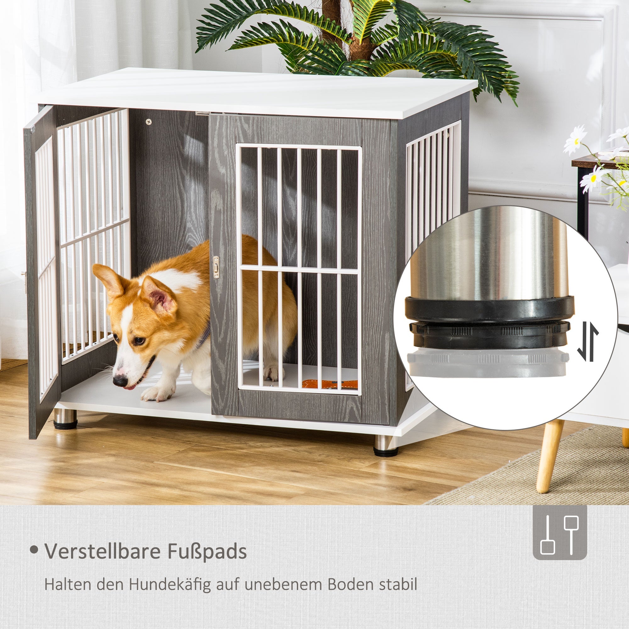 Logidon Hondenkennel Hout Grijs Wit Transportbox Tafelkussen 85x55x75