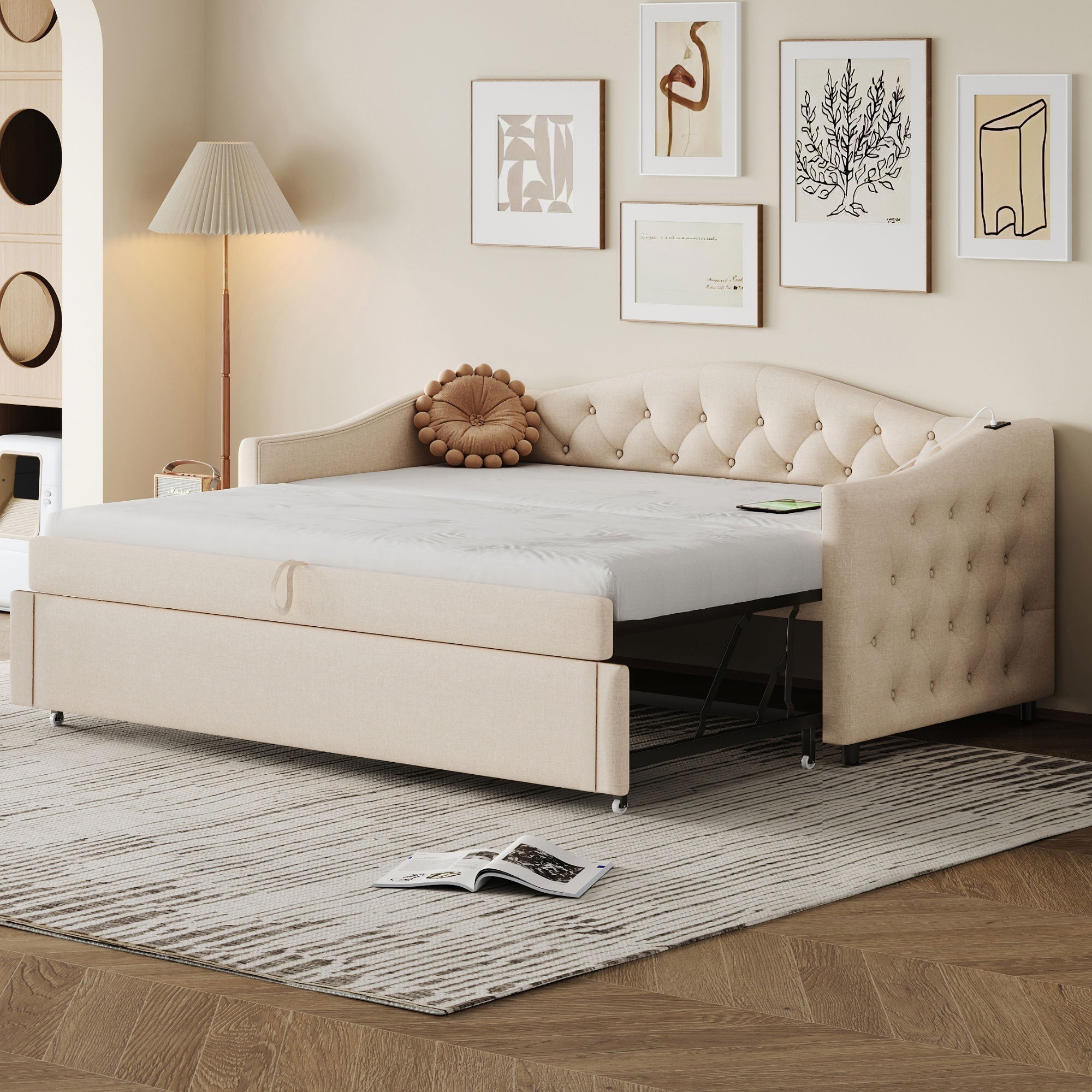 Logidon uitschuifbare slaapbank 90x200 beige met USB-poort