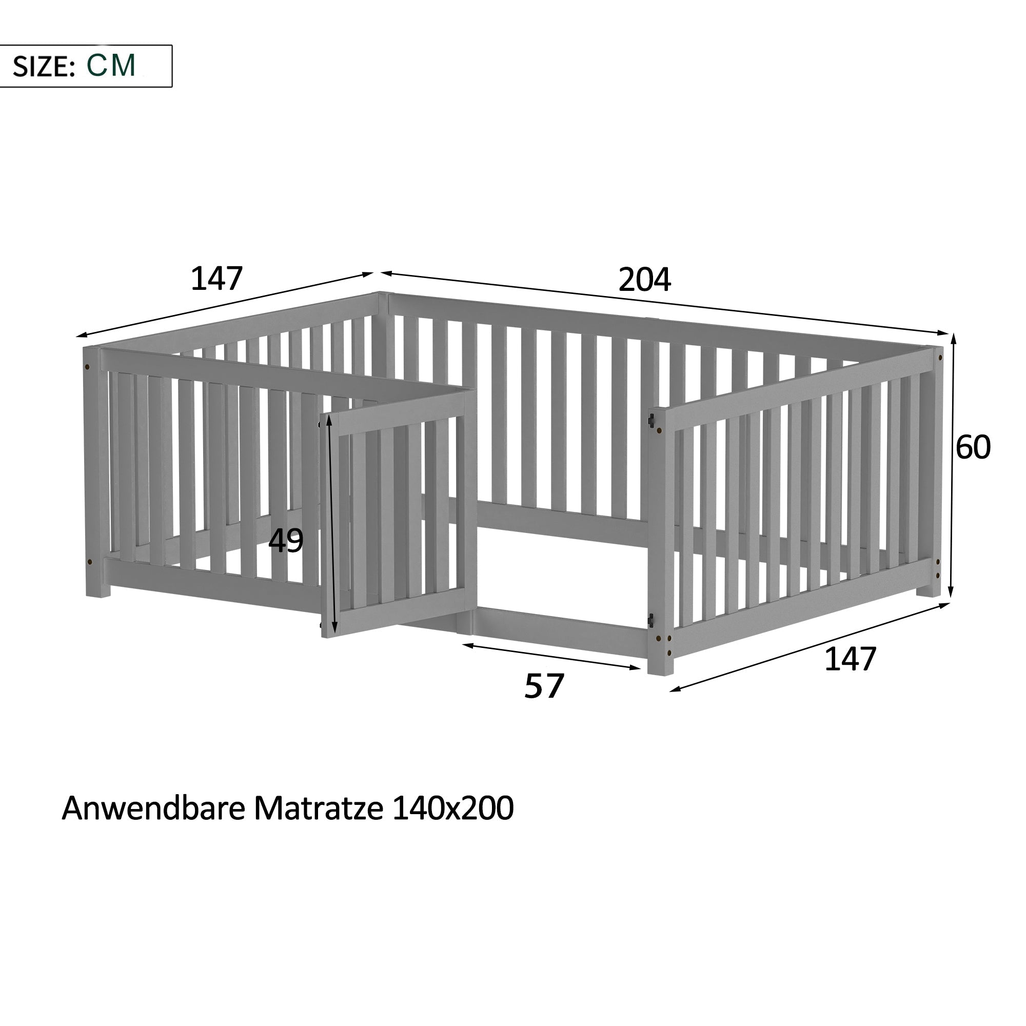 Logidon Kinderbed 140 x 200 Grijs met Deur en Hekhout