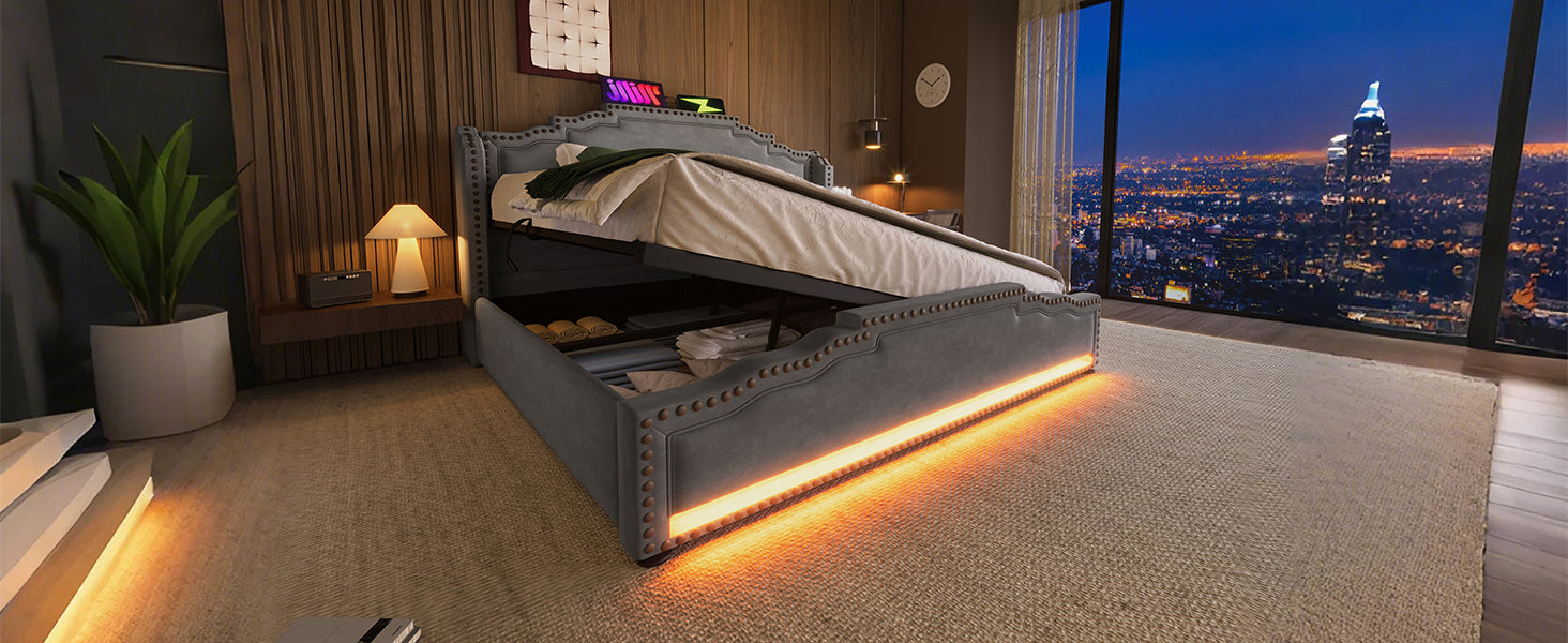 Logidon gestoffeerd bed 140x200 grijs LED-licht met hydraulische opbergruimte
