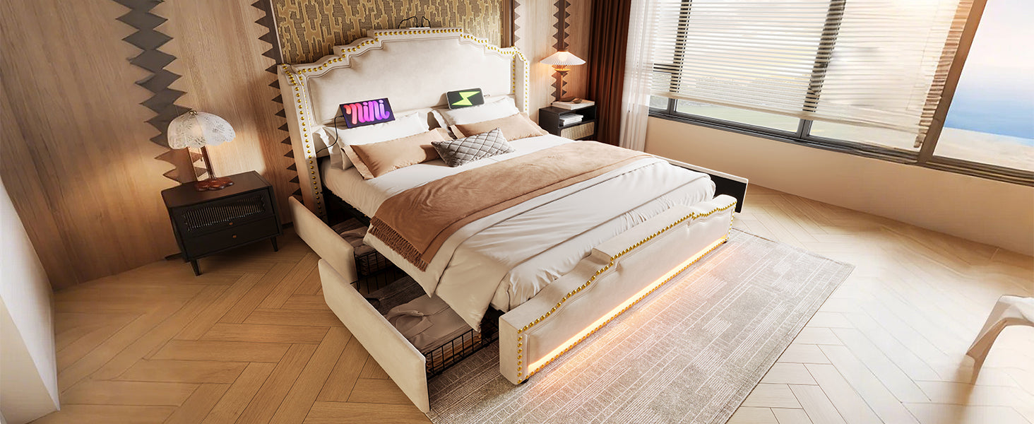 Logidon gestoffeerd bed 140x200 beige LED USB C 4 lades met matras