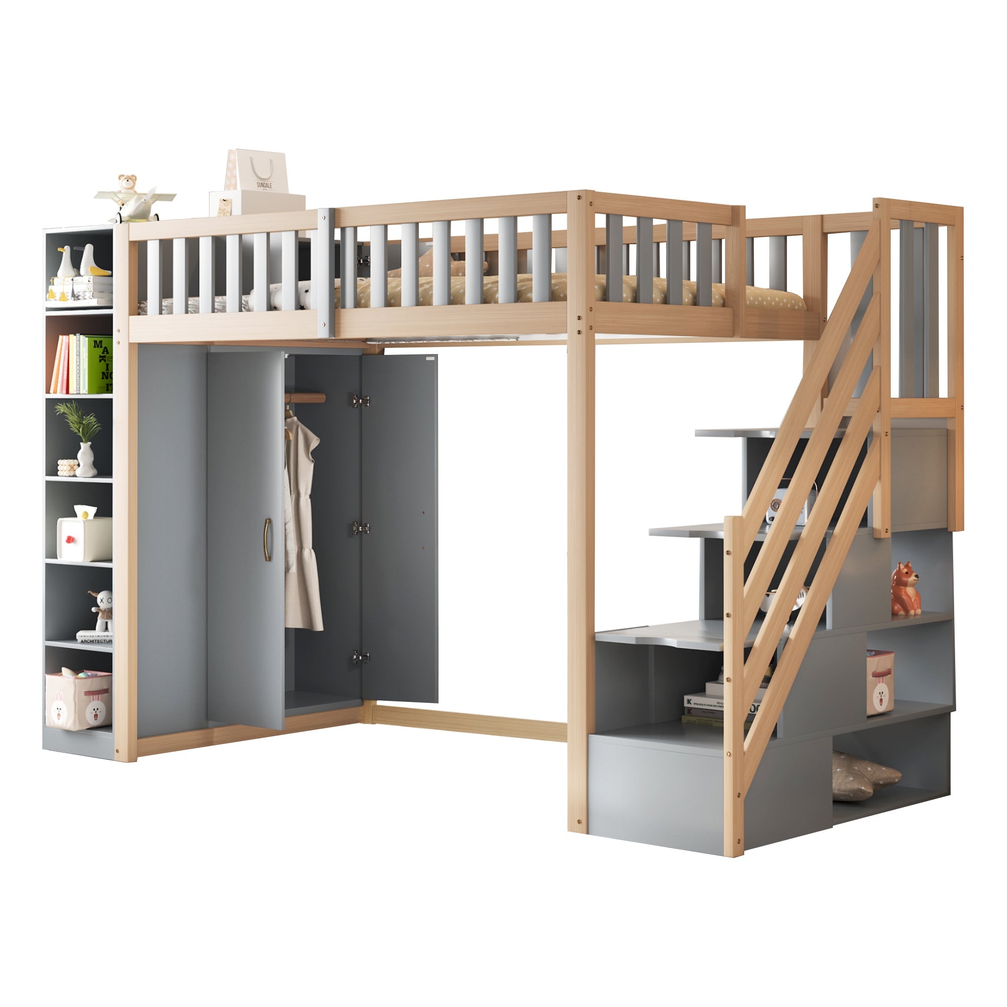 Logidon hoogslaper 90x200 multifunctioneel grijs natuurlijk hout met planken