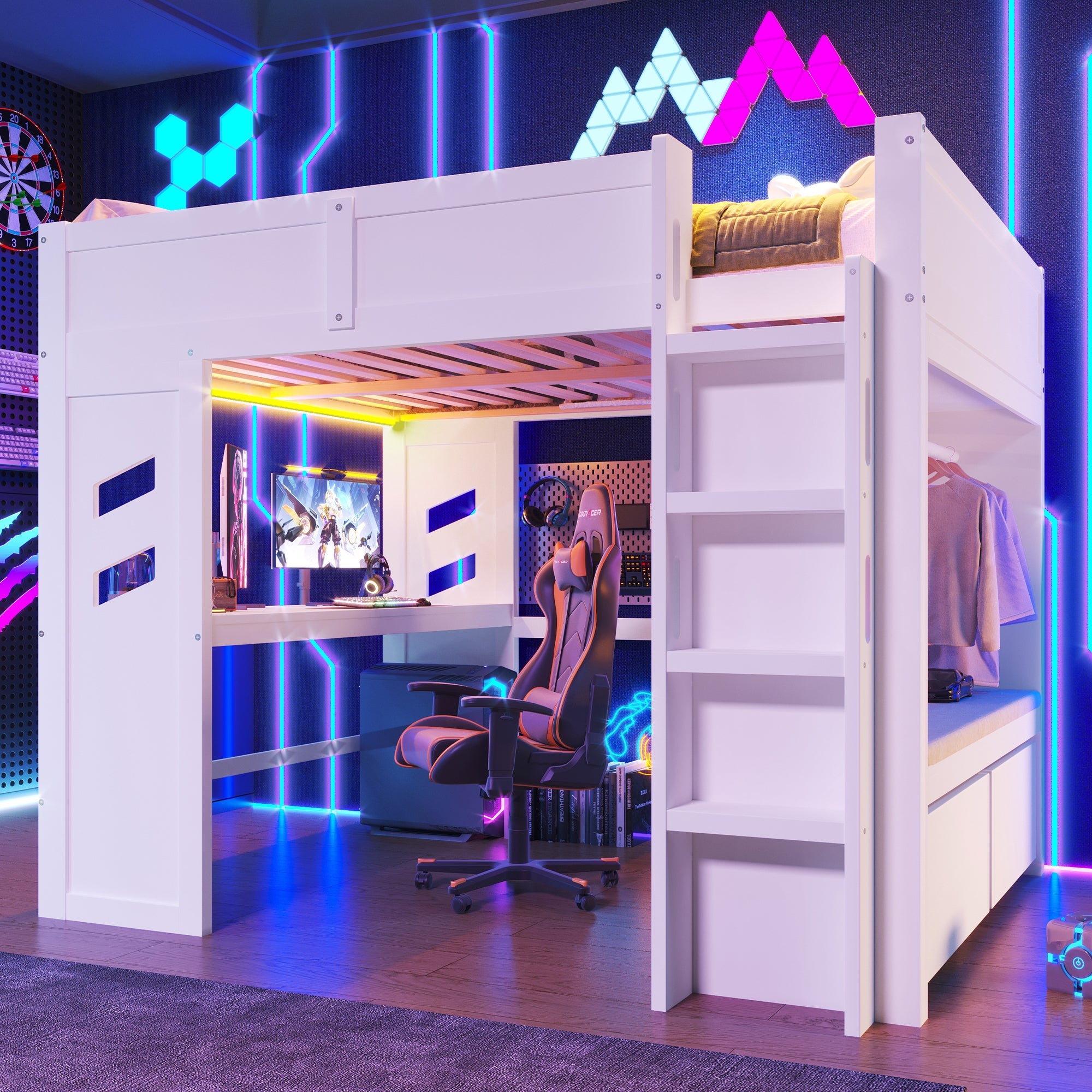 Logidon hoogslaper 140x200 cm wit gamingbed met bureau LED