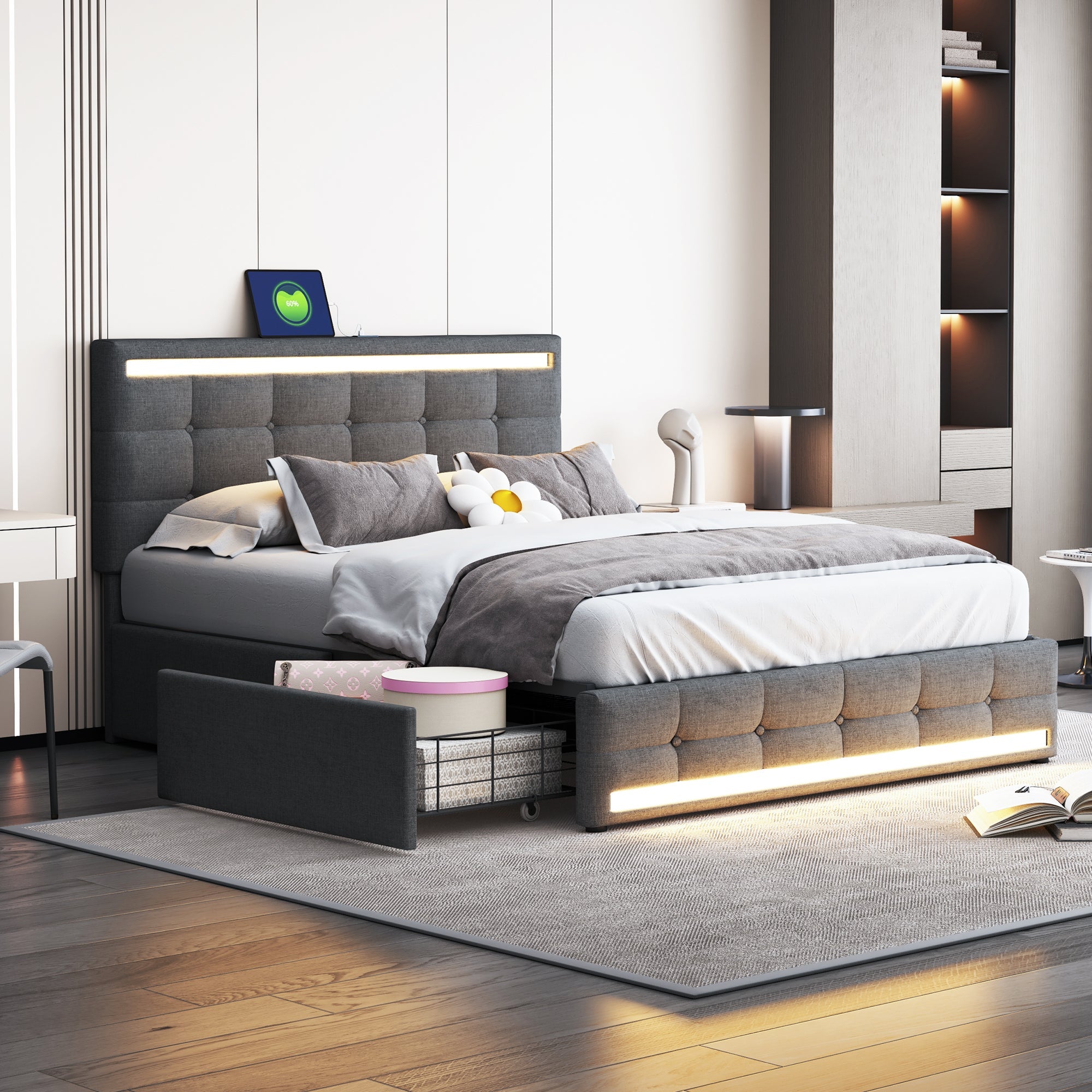 Logidon gestoffeerd bed 140x200 cm grijs LED opbergruimte USB 4 lades
