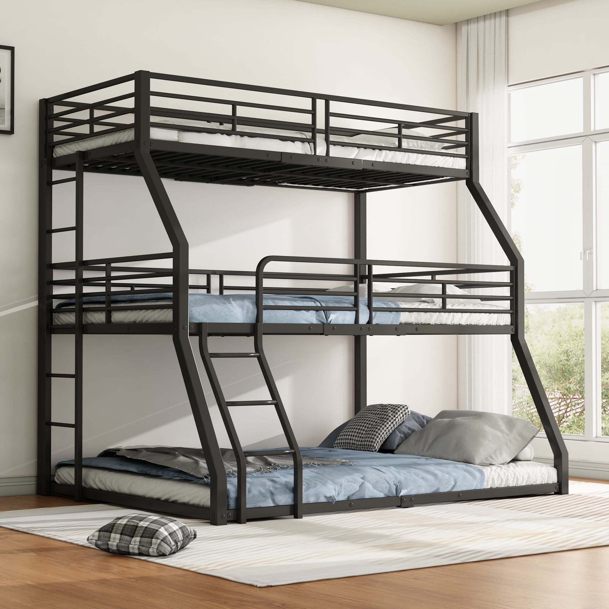 Logidon 3-persoonsstapelbed 90x200 cm metalen bedframe zwart