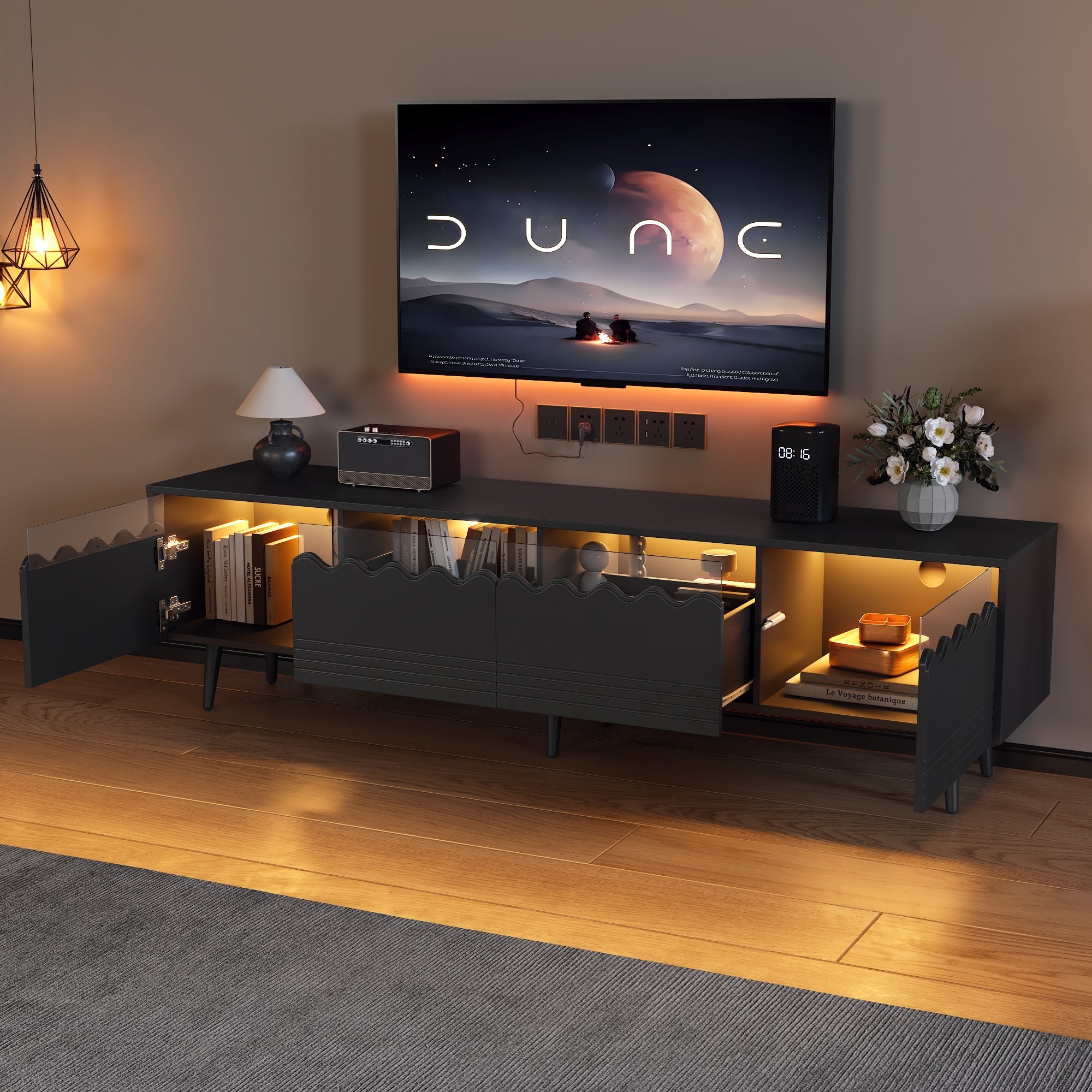 Logidon 176x38x45 cm zwart TV-lowboard met LED-verlichting