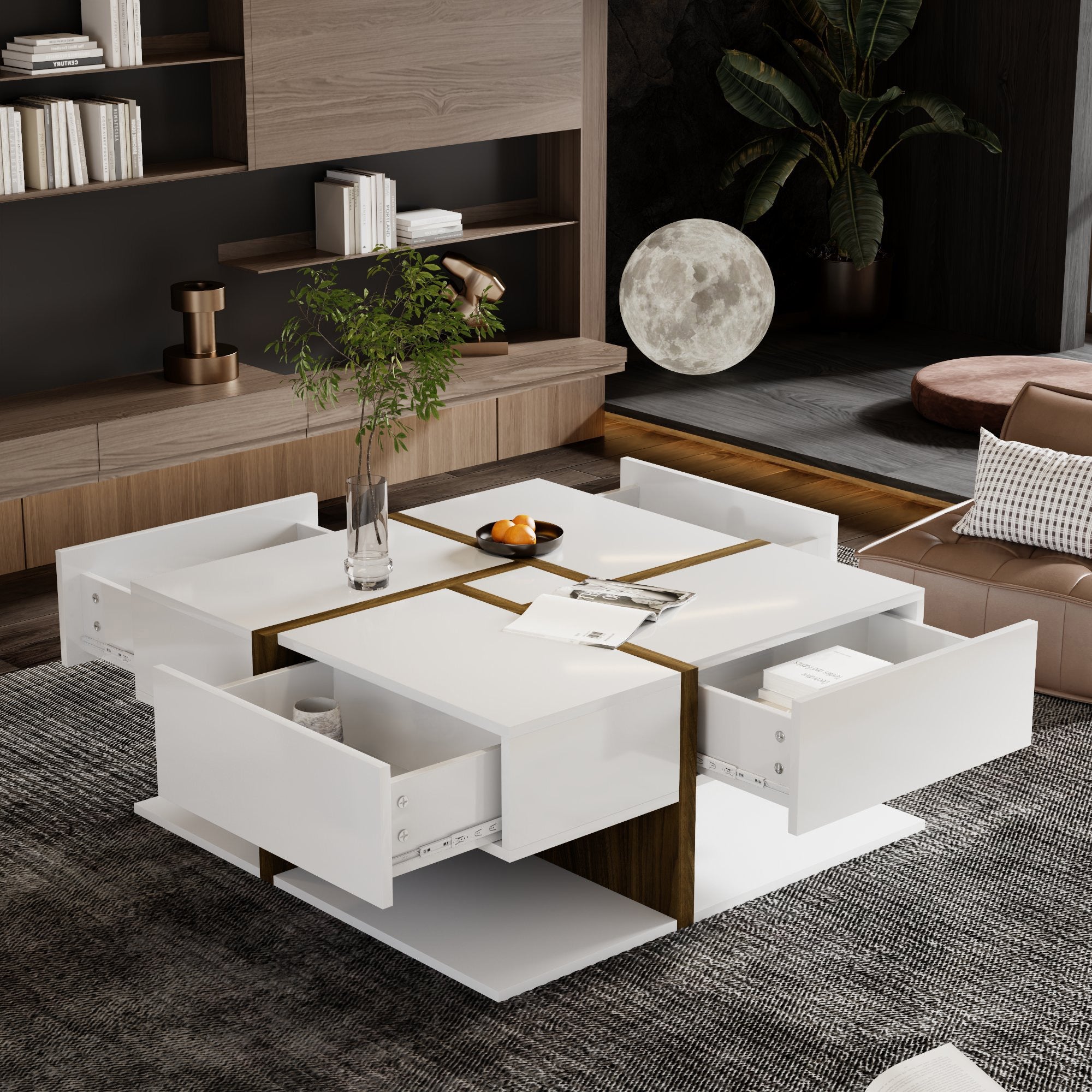 Logidon hoogglans salontafel wit met vier lades 78x78 cm