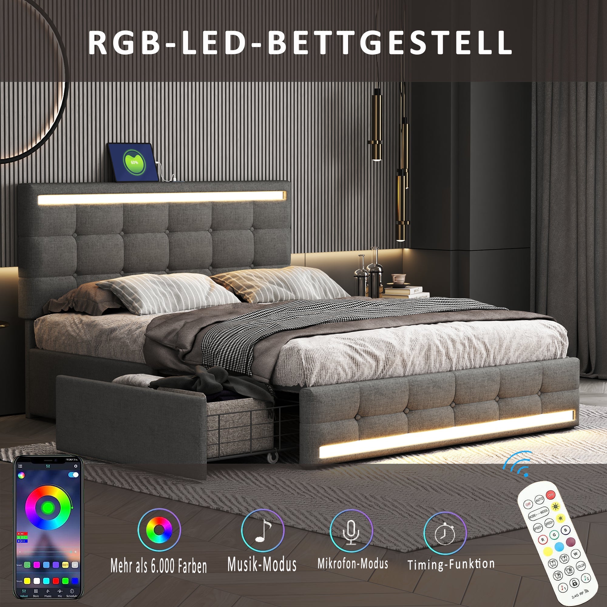 Logidon gestoffeerd bed 140x200 cm grijs LED opbergruimte USB 4 lades