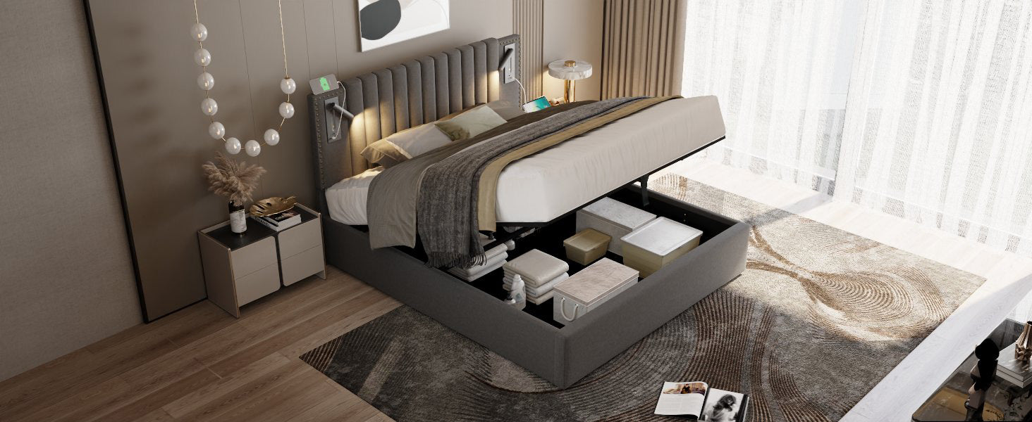 Logidon gestoffeerd bed 180x200 grijs met opbergruimte en USB-oplaadfunctie