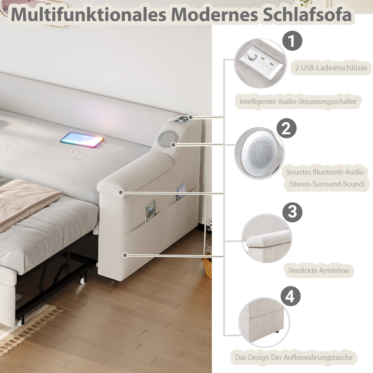 Logidon slaapbank gestoffeerd bed 90/180x190 beige fluweel Bluetooth