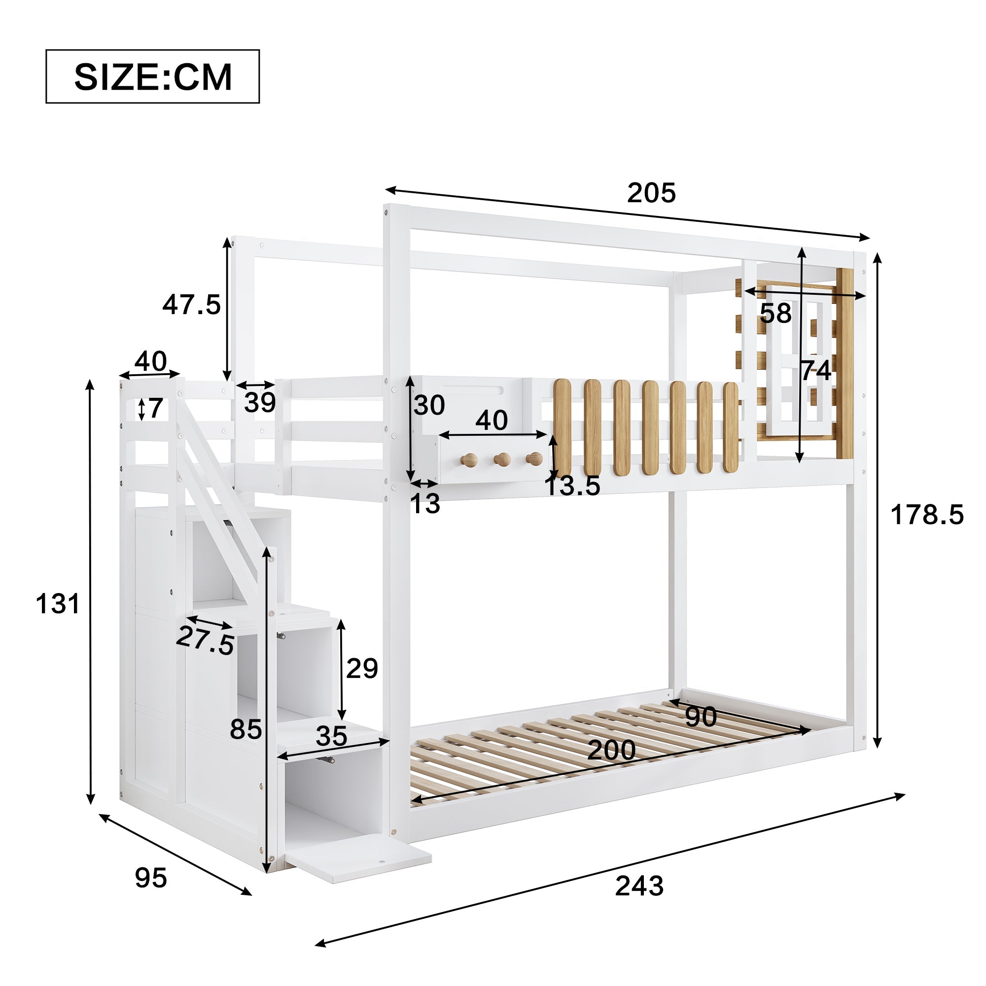Logidon Bunk Bed With Stairs Window Pine Wood White 90x200 cm