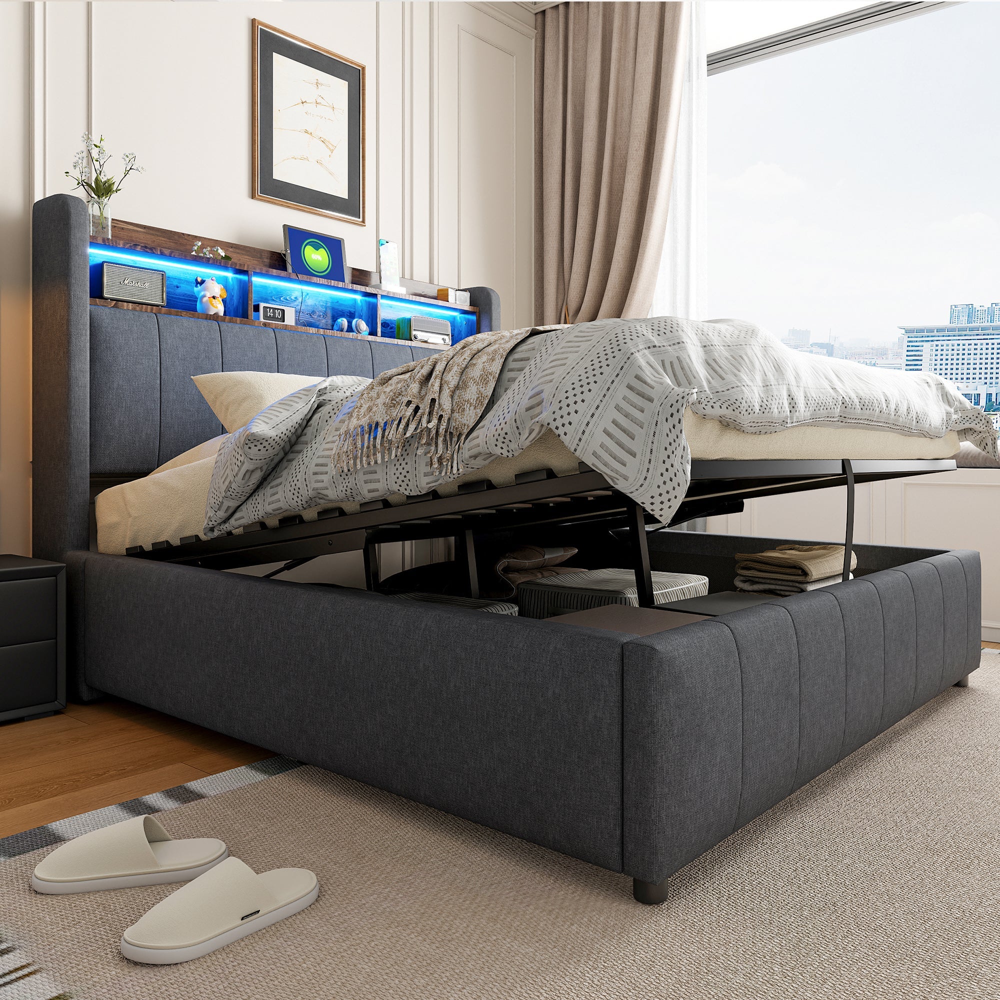 Logidon gestoffeerd bed 140x200 cm grijs met LED verlichting USB opbergruimte