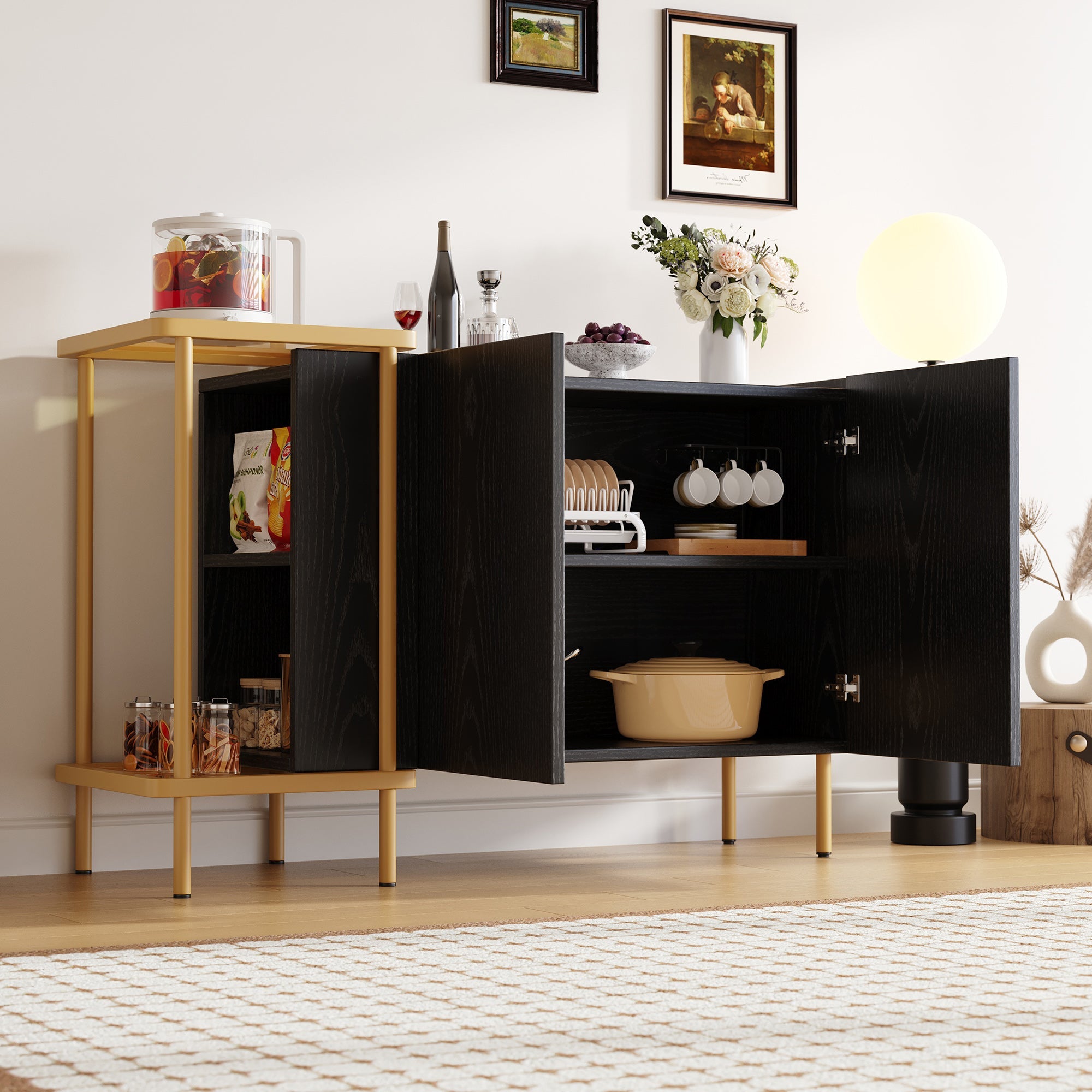 Logidon Dressoir Zwart Glazen Blad En Metalen Poten 120x40x77.5