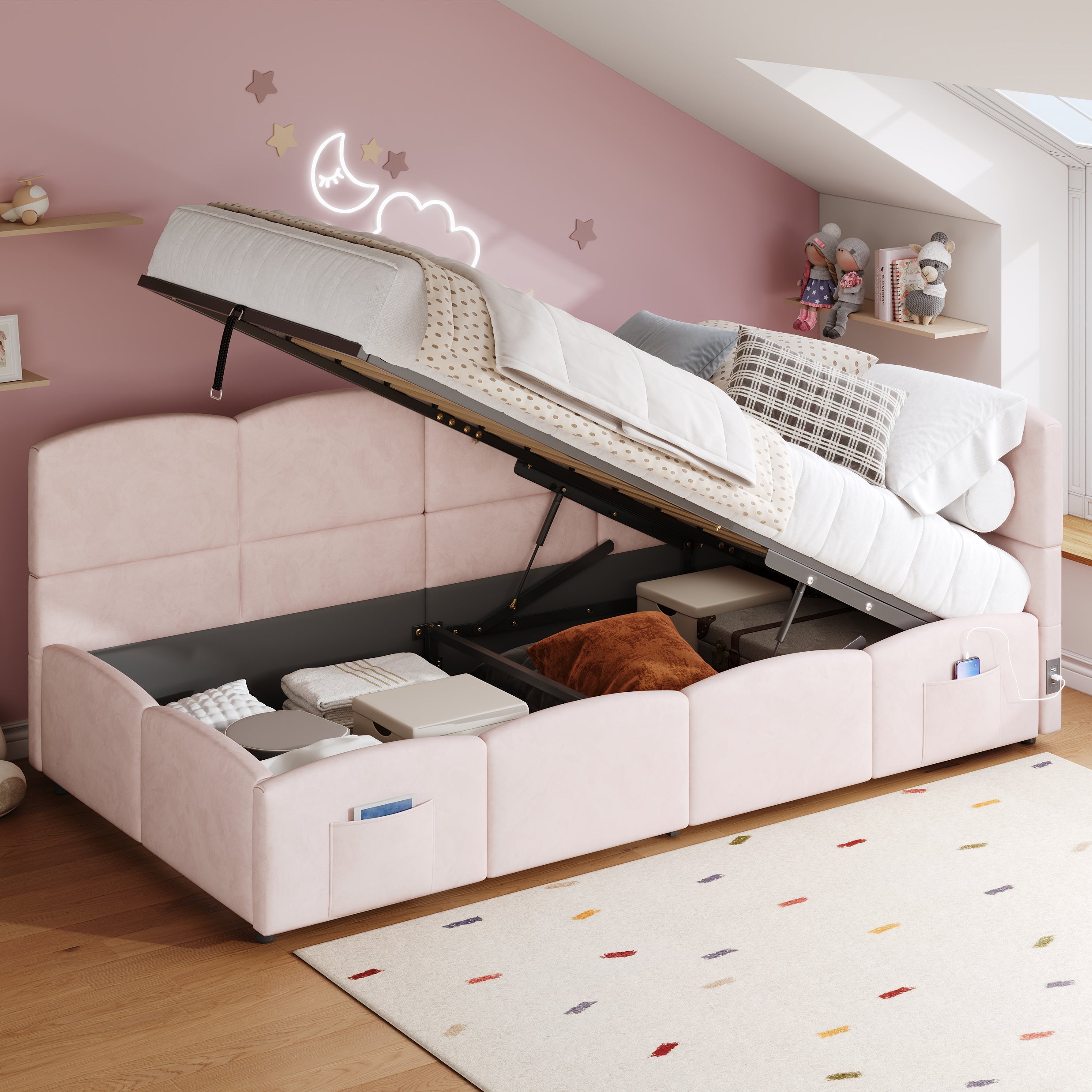Logidon fluweel gestoffeerd bed roze 90x200 met lattenbodem en opbergruimte