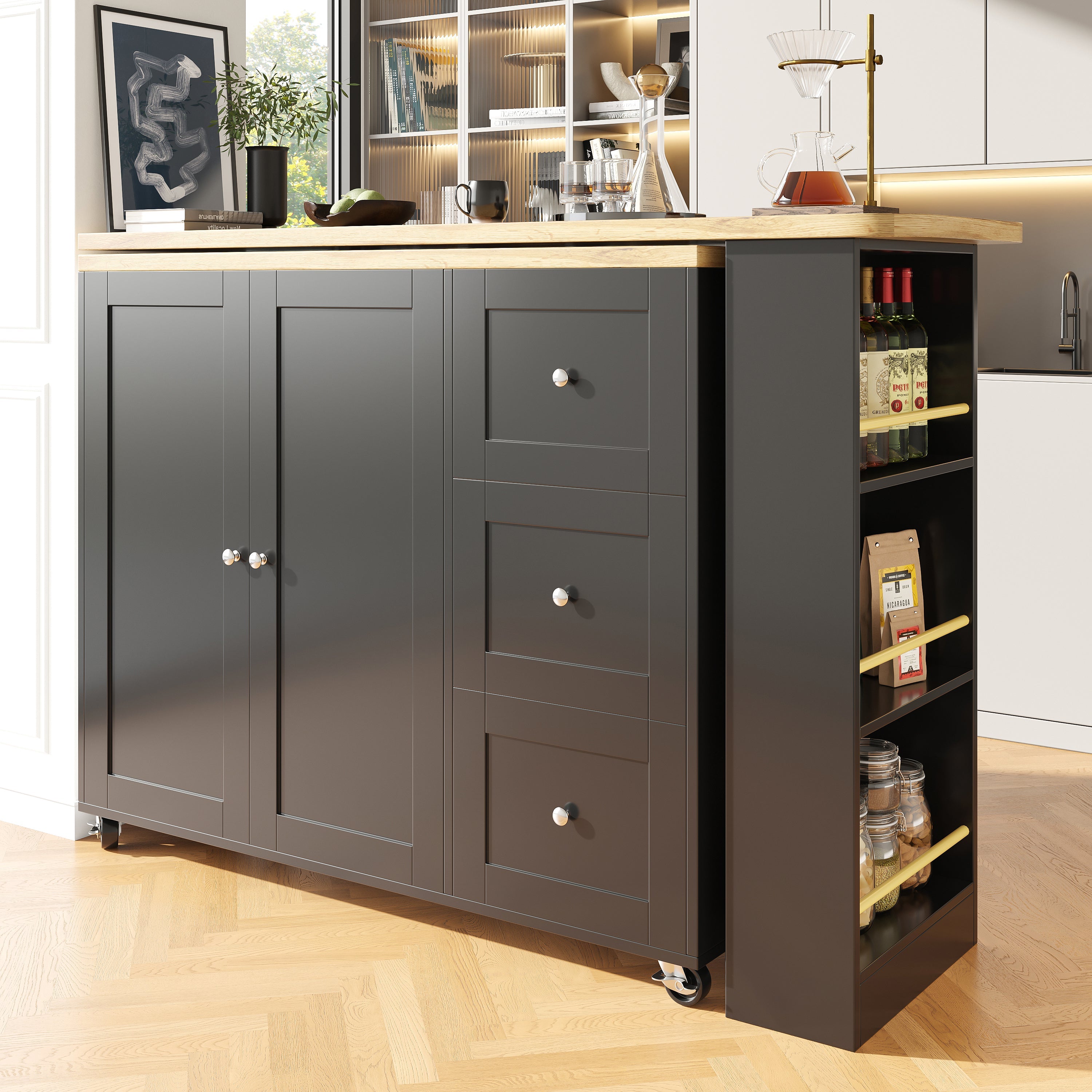 Logidon 360 graden draaibare eettafel zwart 138-209x39x104 met wielen