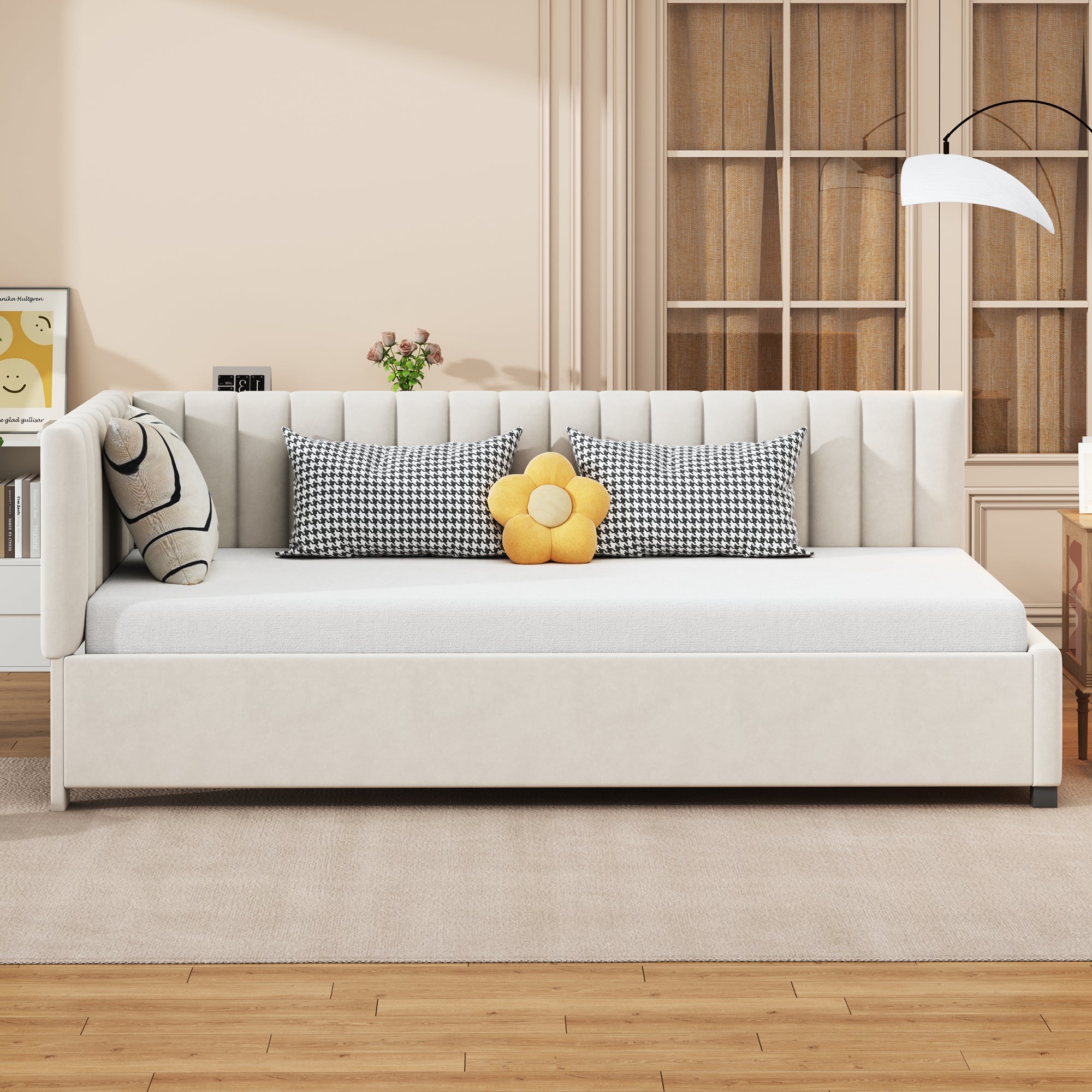 Logidon upholstered bed 90x200 multifunctional bed with slatted frame beige velvet