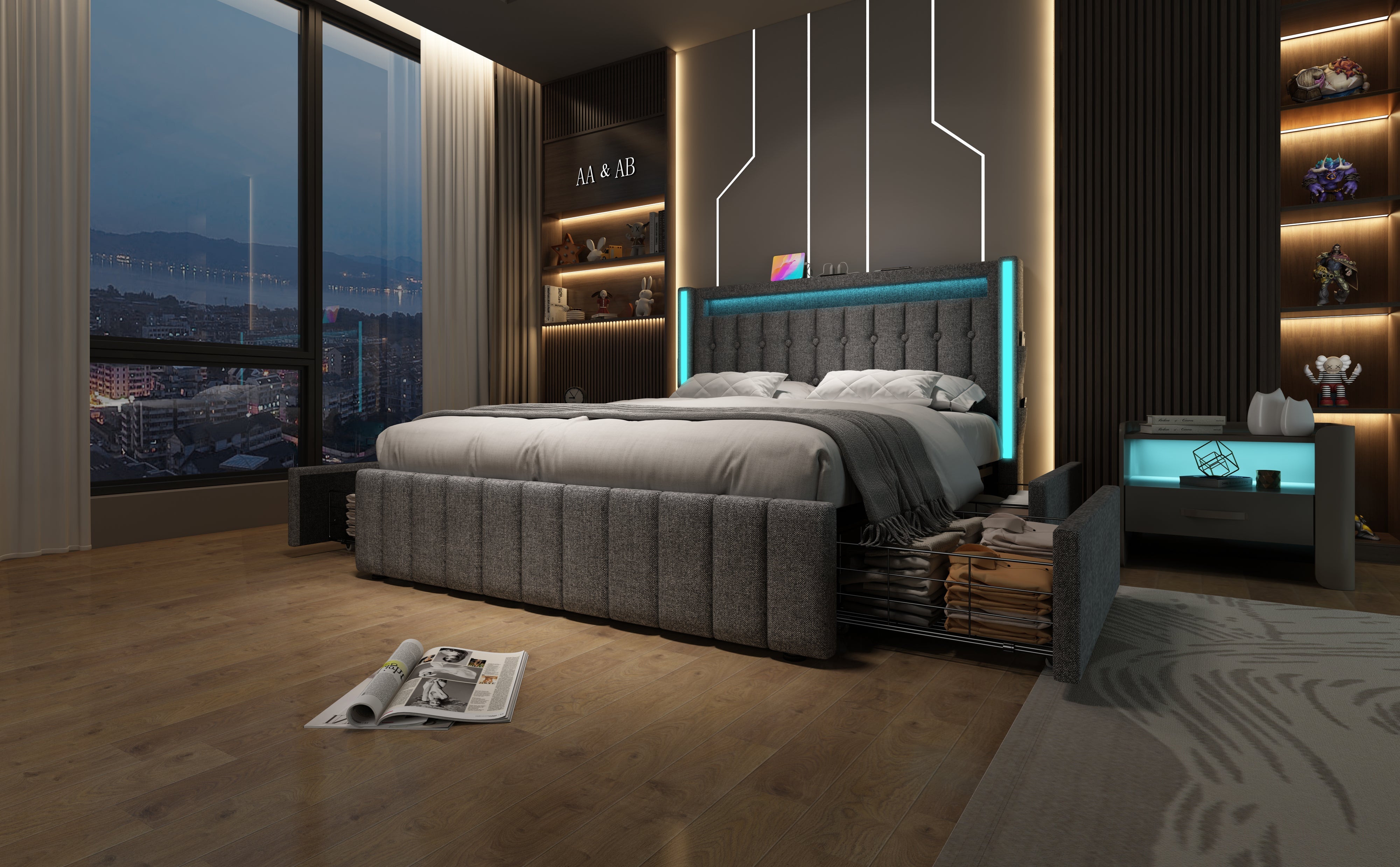 Logidon upholstered bed 160x200 USB C charging function LED lighting 4 drawers gray