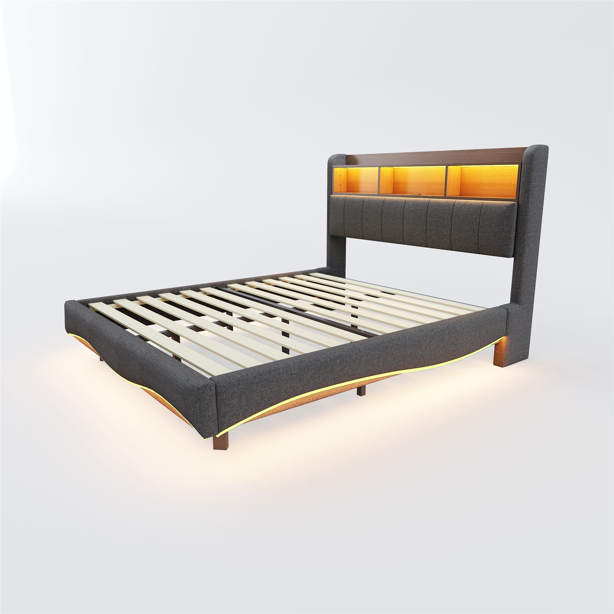Logidon hangend gestoffeerd bed 160x200 grijs met LED-licht USB TypeC