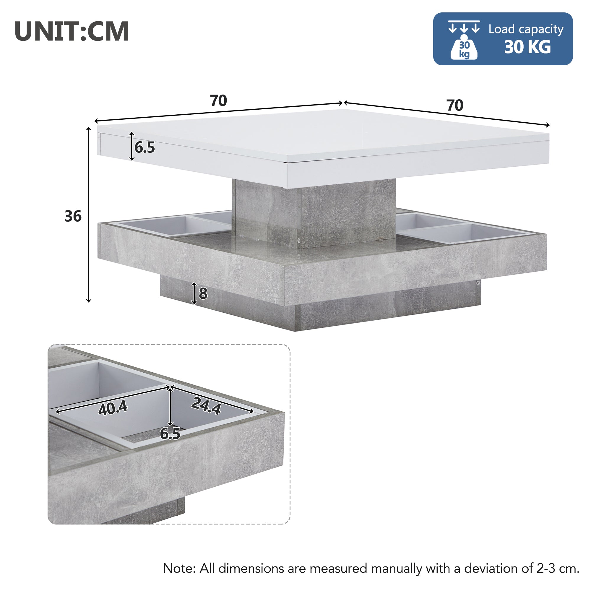 Logidon 360 graden draaibare salontafel 70x70x36 cm wit hoogglans