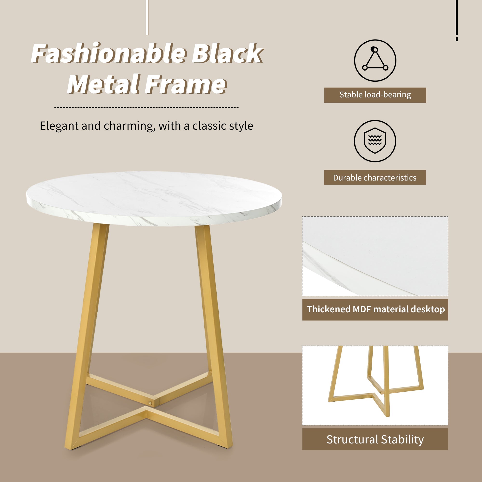 Logidon Ronde Eettafel Wit Marmeren Textuur Goud Frame 80 cm