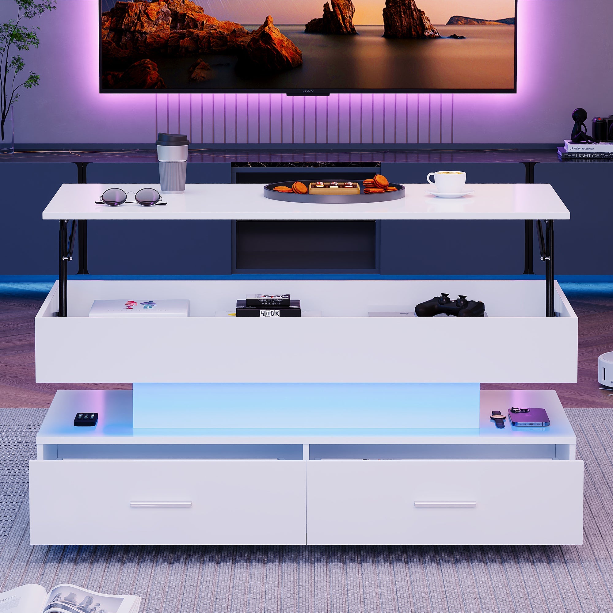 Logidon Hydraulisch in hoogte verstelbare salontafel 100x50x44 cm Wit LED