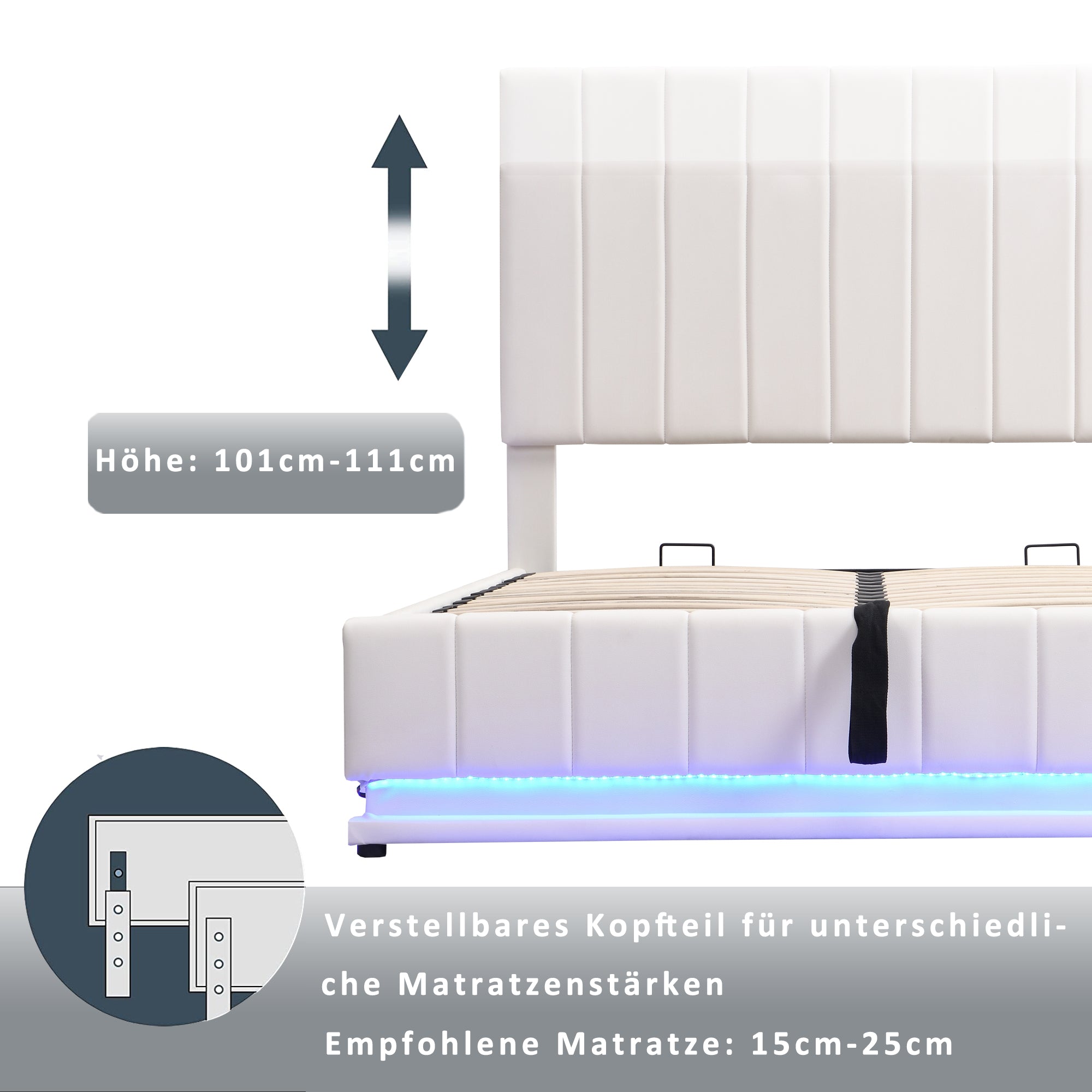 Logidon gestoffeerd bed 140x200 cm met LED bedkast verstelbaar hoofdbord wit
