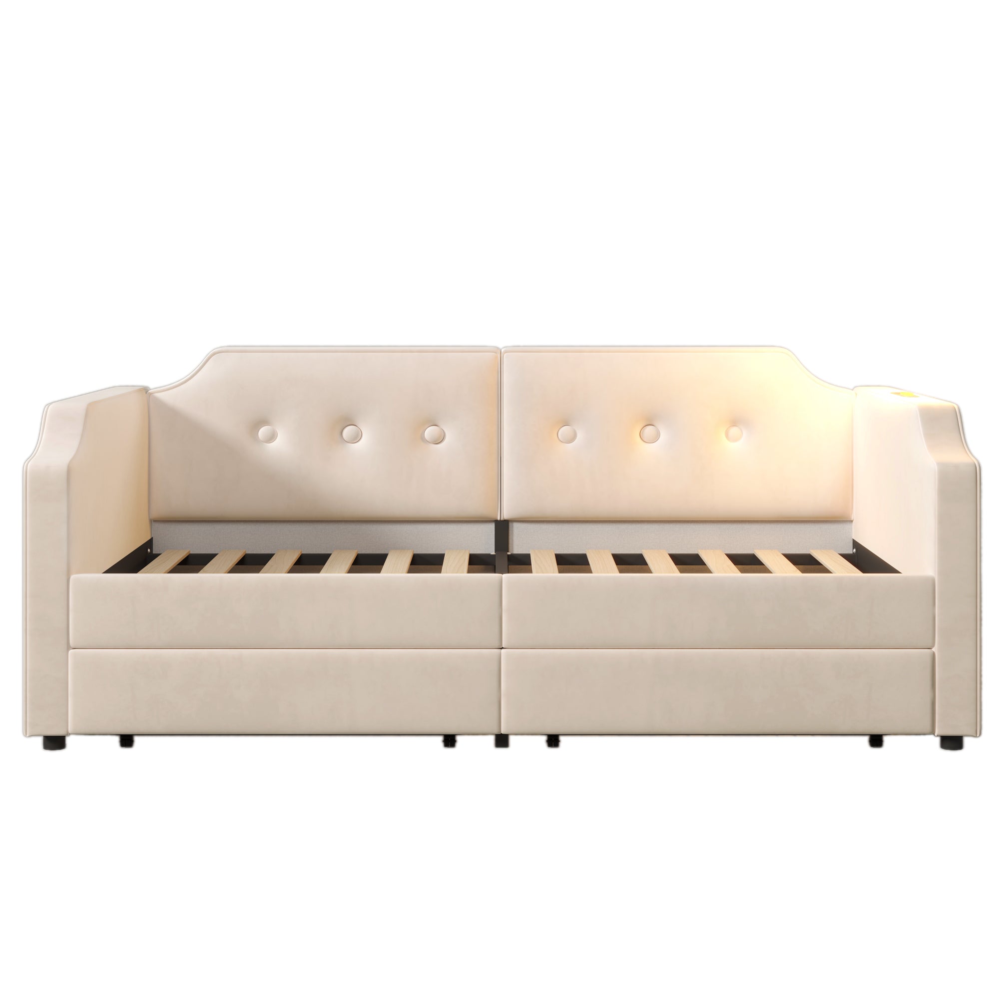 Logidon gestoffeerd bed 90x200 cm beige fluweel met USB-C oplaadpunt leeslampje