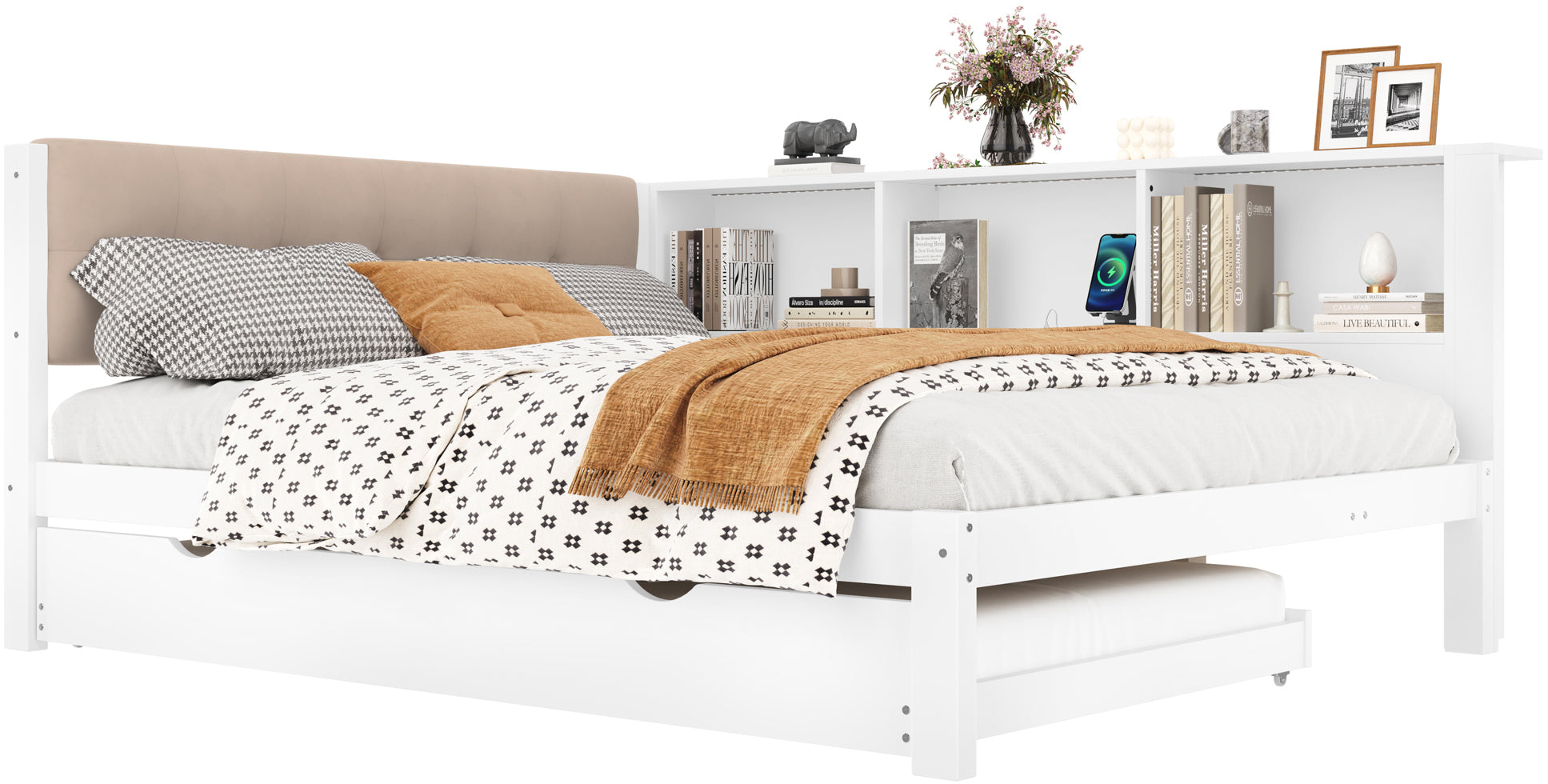 Logidon daybed wit 140x200 CM met uitschuifbaar bed LED-verlichting