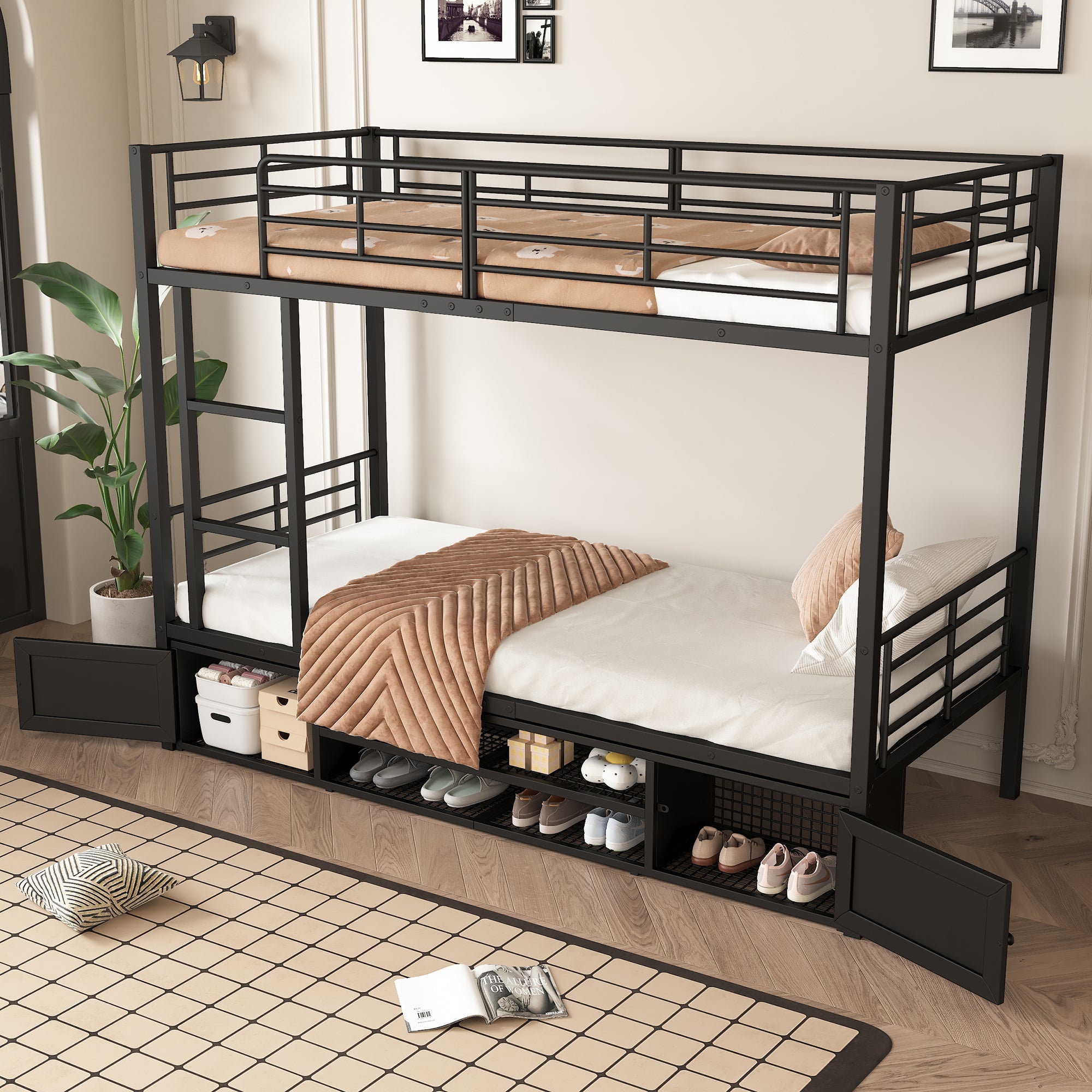 Logidon stapelbed ijzeren frame zwart 90x200 cm met schoenenrek