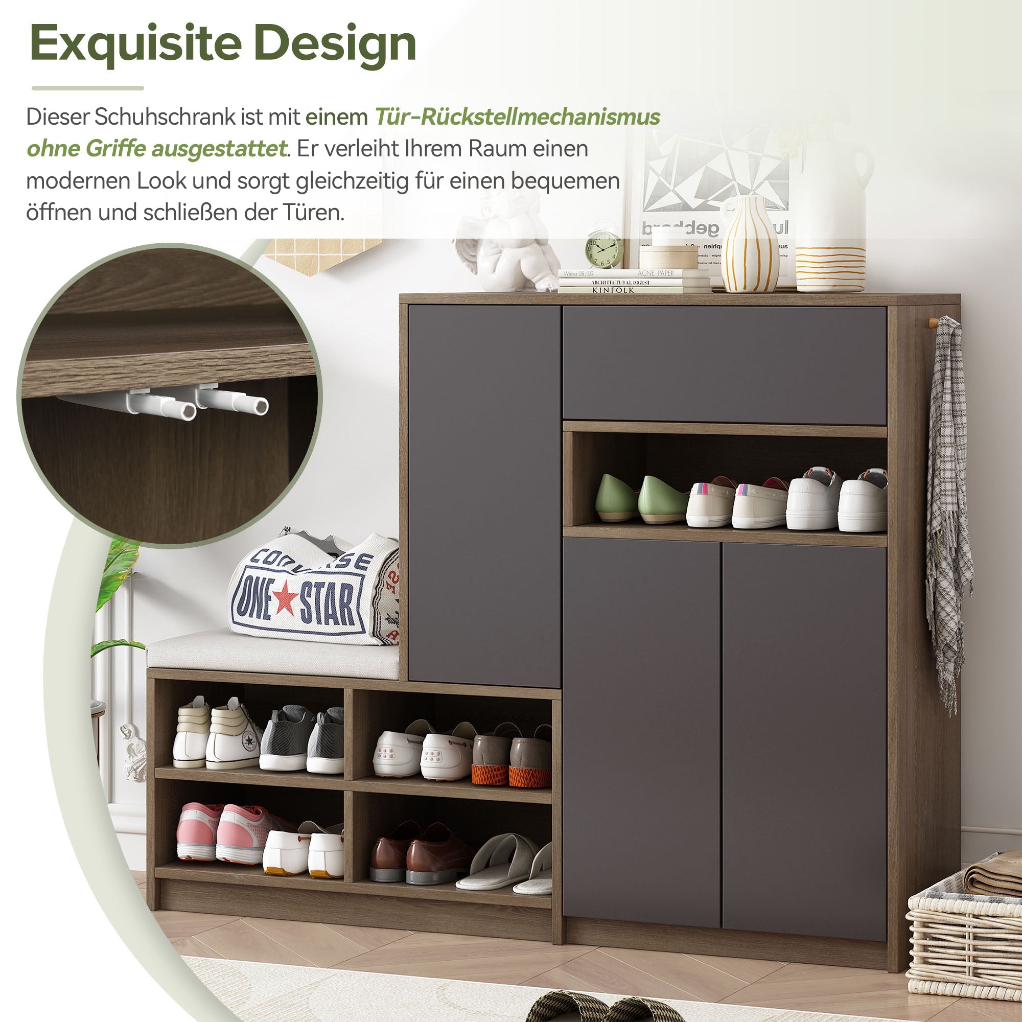 Logidon Schoenenbank Grijs Met Gewatteerde Zitting Verstelbare Planken 140x35x110 cm