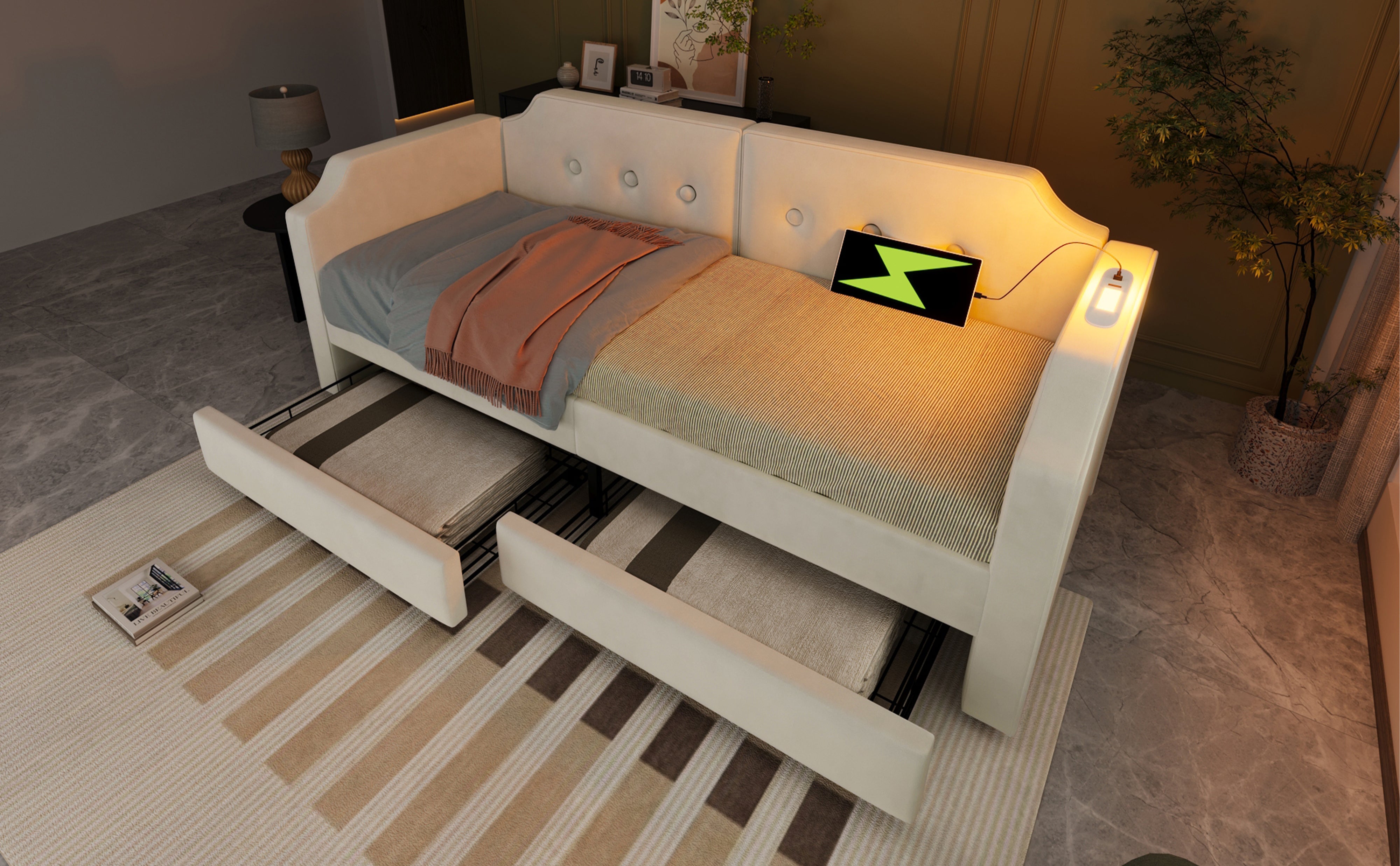 Logidon gestoffeerd bed 90x200 cm beige fluweel met USB-C oplaadpunt leeslampje