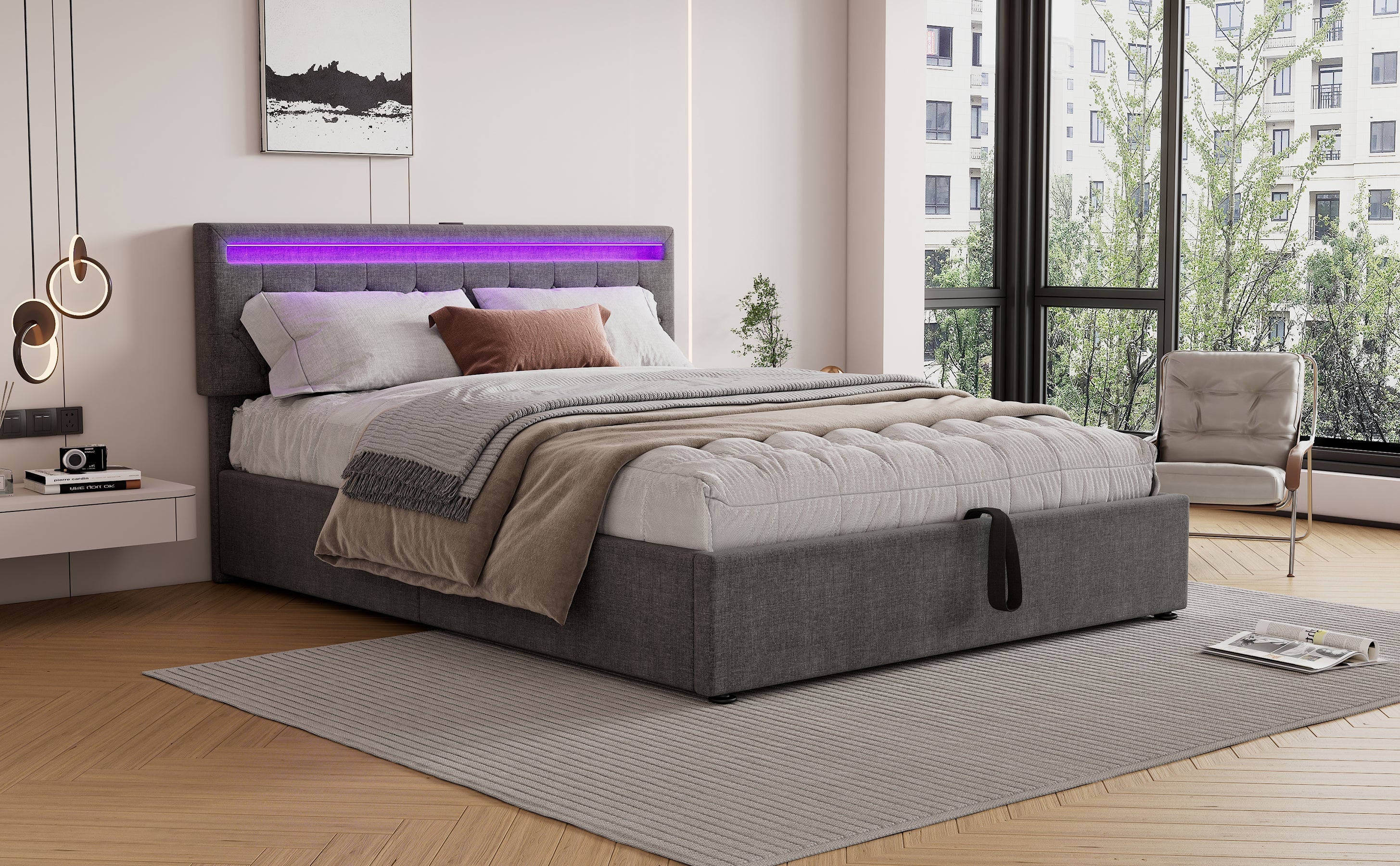 Logidon grijs gestoffeerd bed 160x200 cm met LED Ambient USB-C